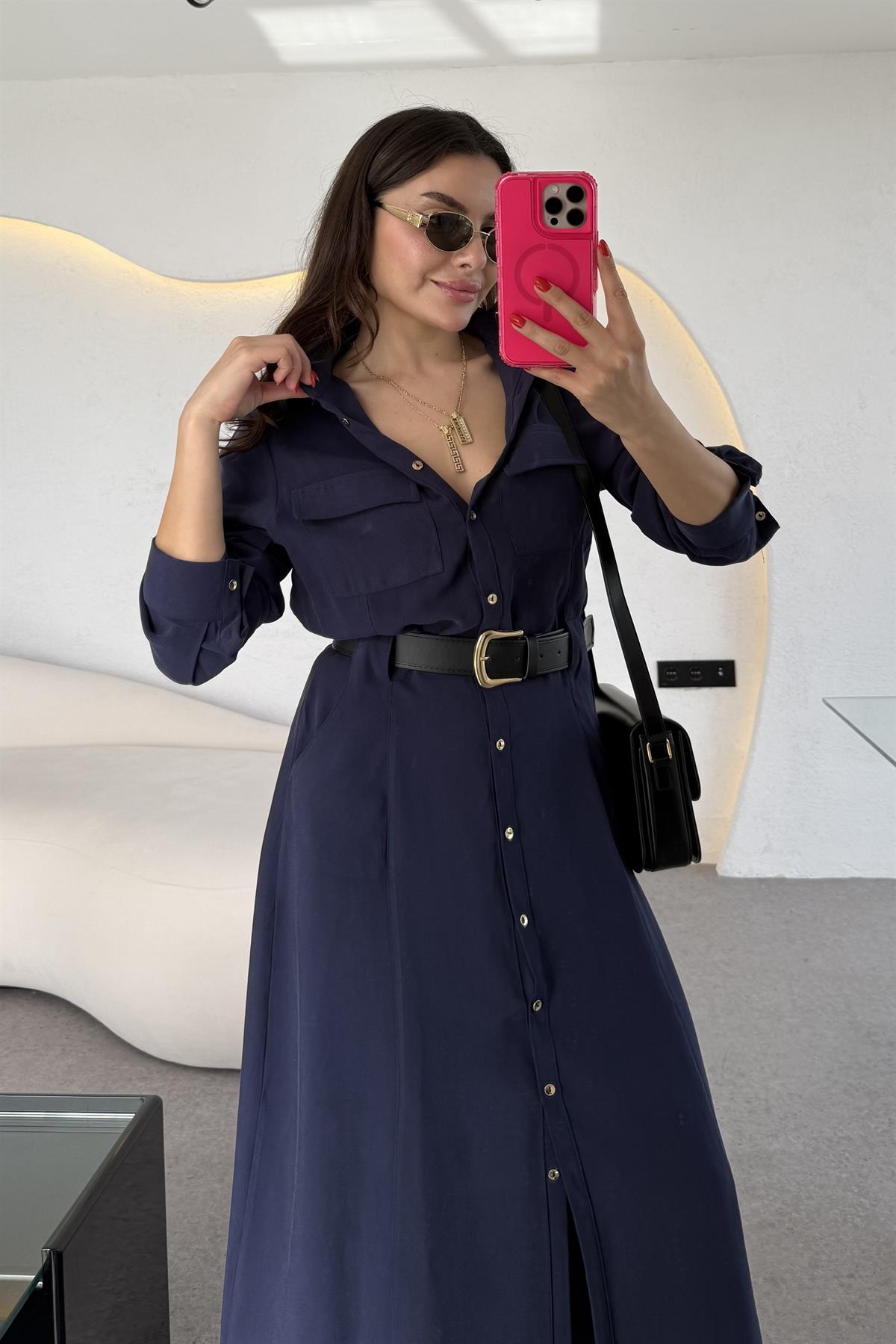 Lemmer Lacivert Tensel Kemerli Elbise