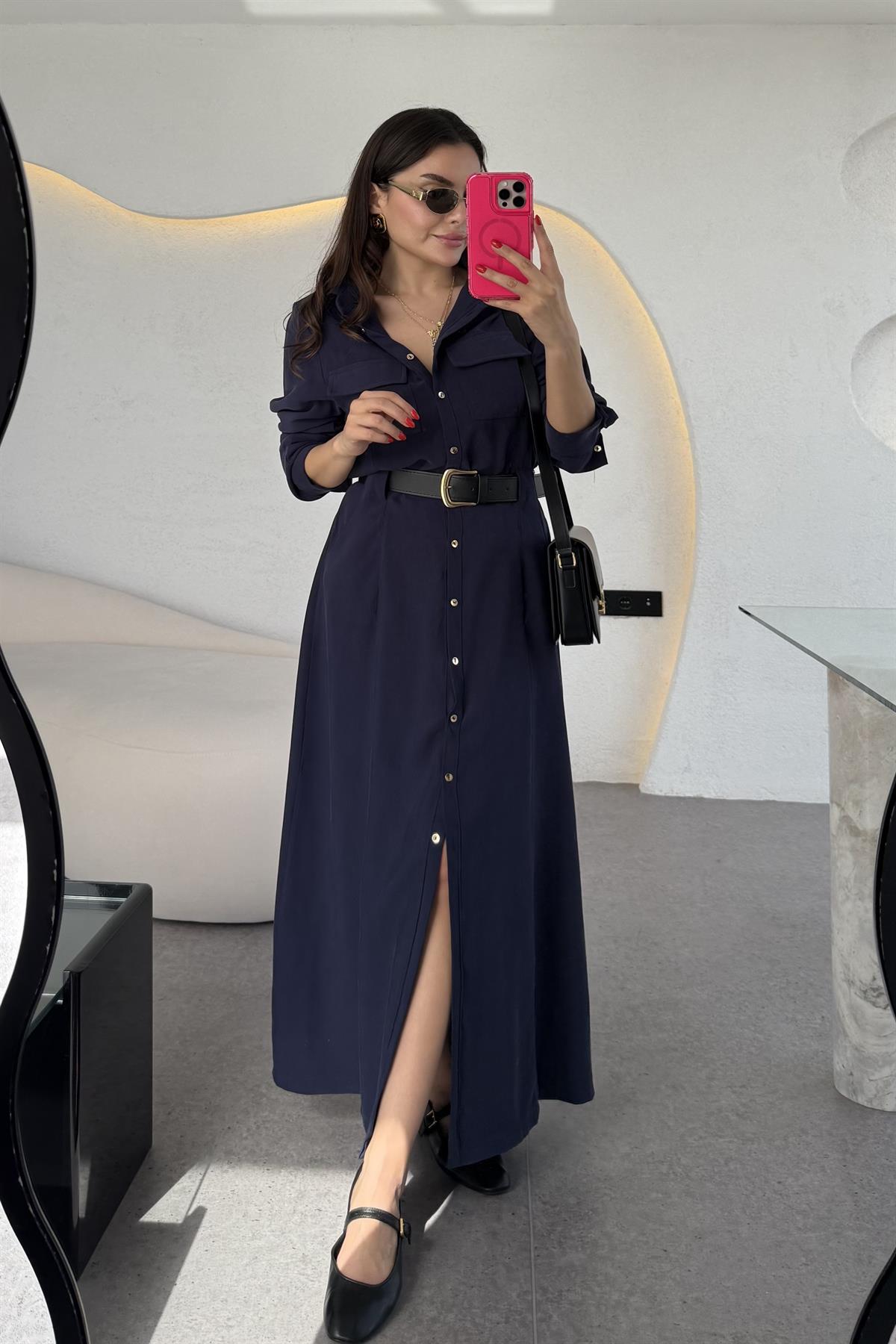 Lemmer Lacivert Tensel Kemerli Elbise