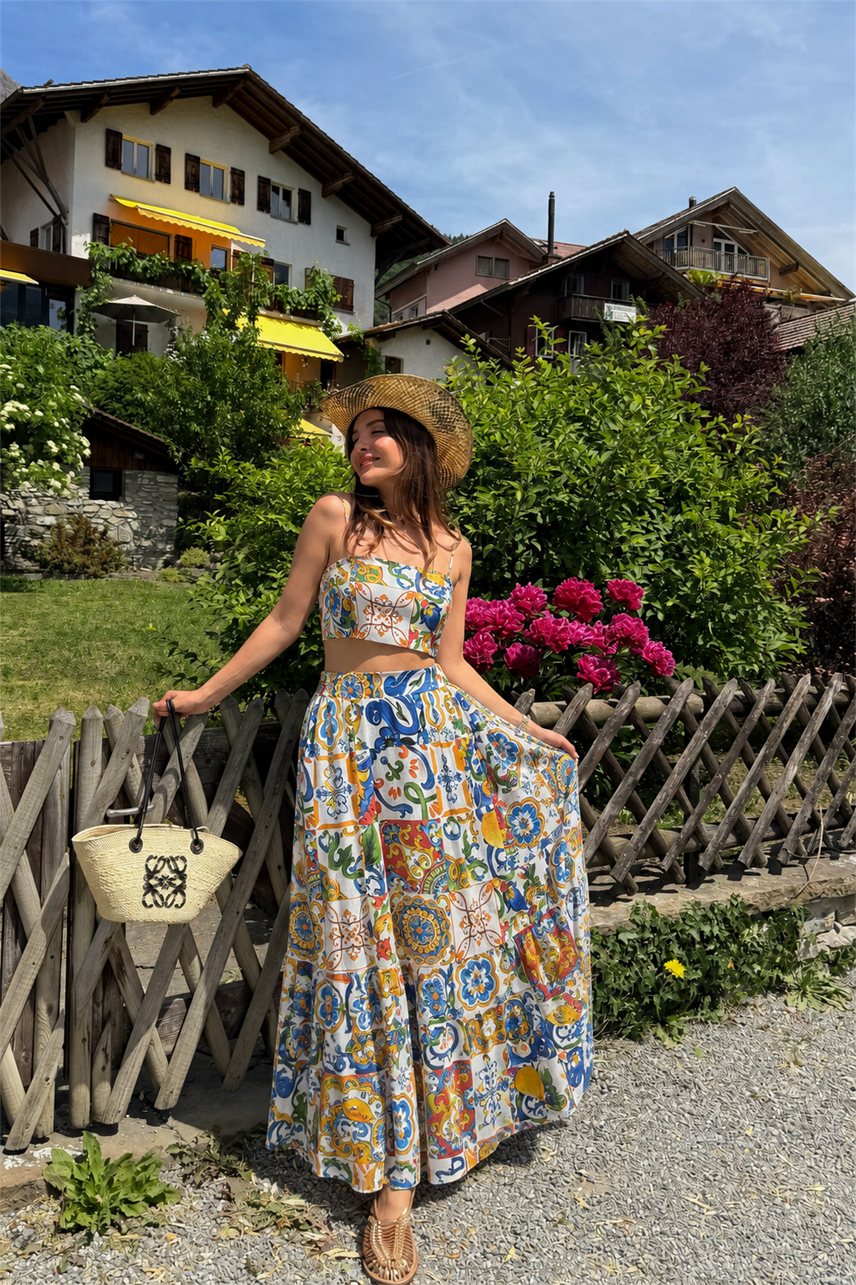 Lemonade Keten Desenli Etek Crop Takım