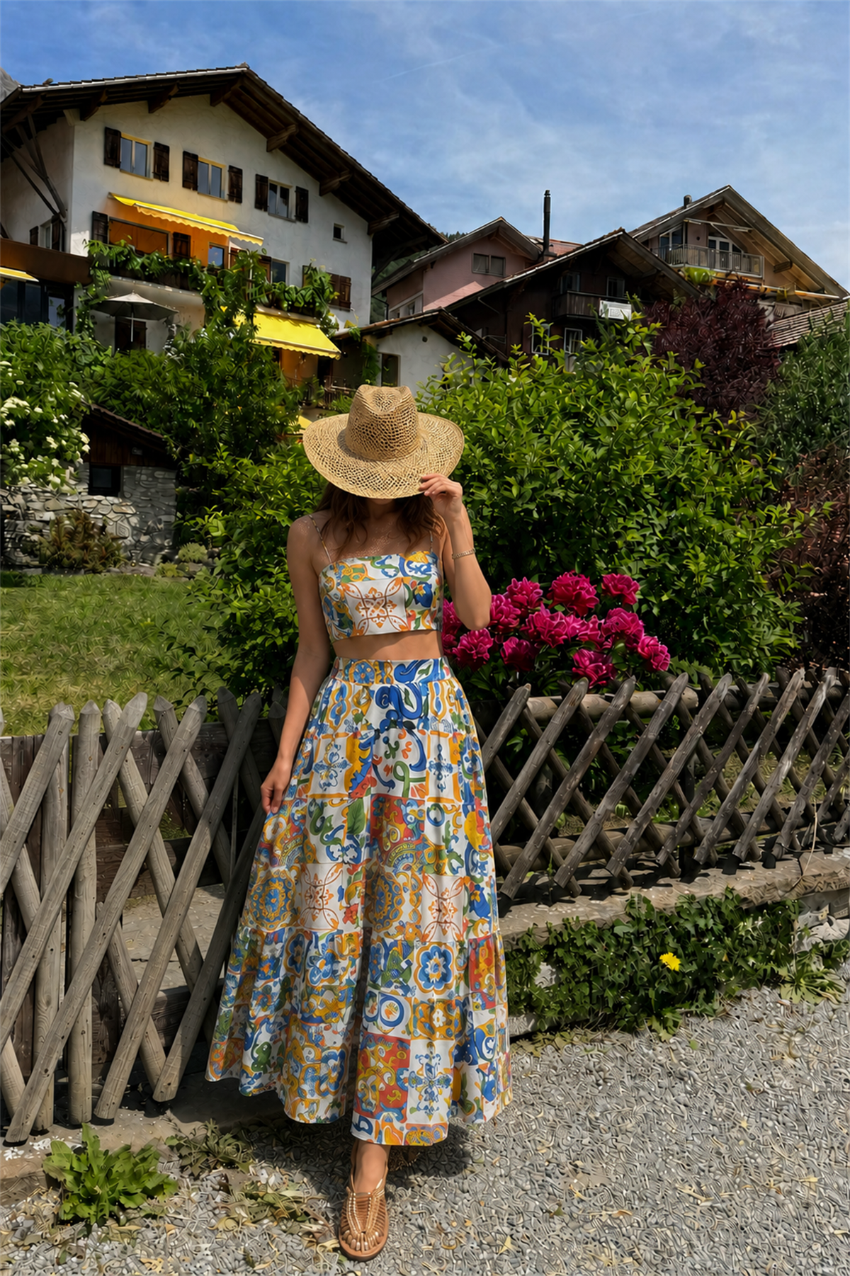 Lemonade Keten Desenli Etek Crop Takım