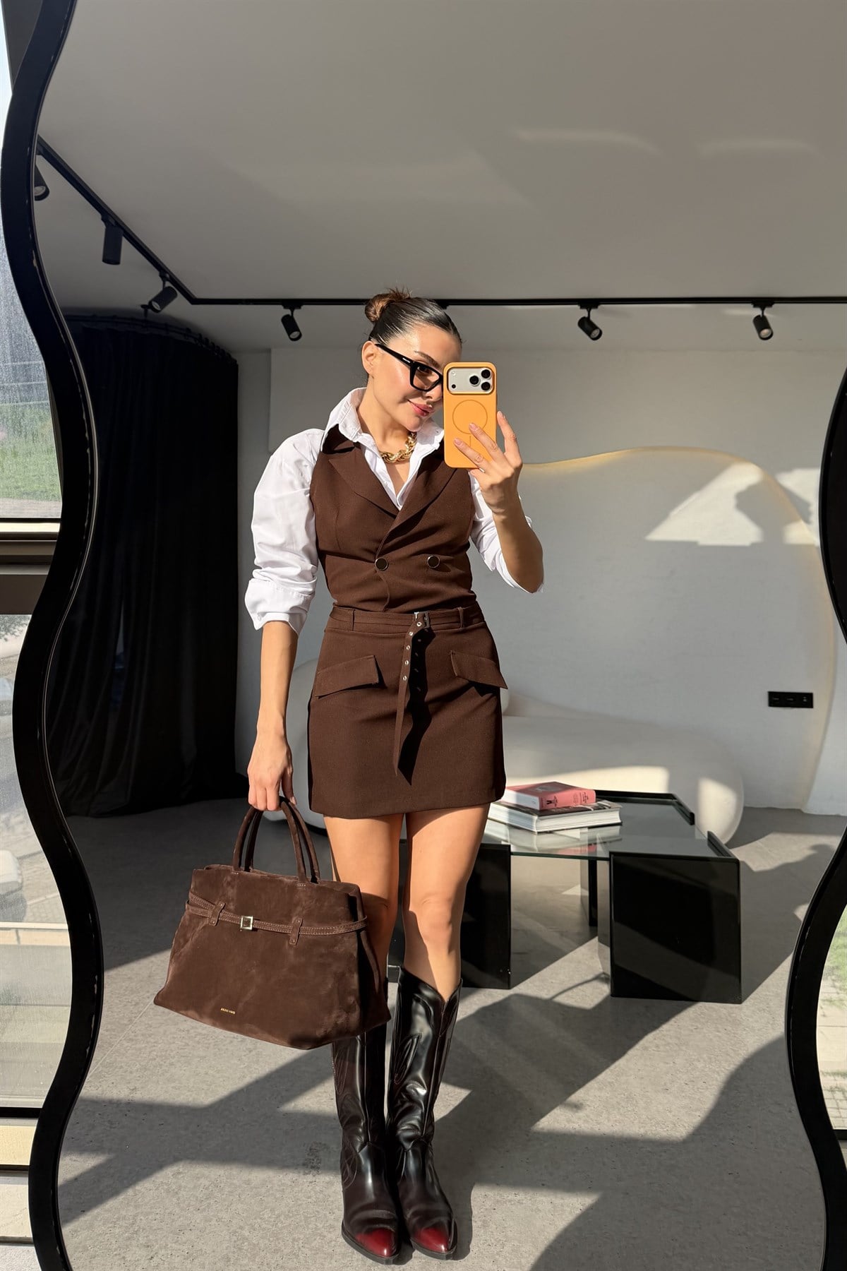 Lenko Kahve Kemerli Blazer Yaka Elbise
