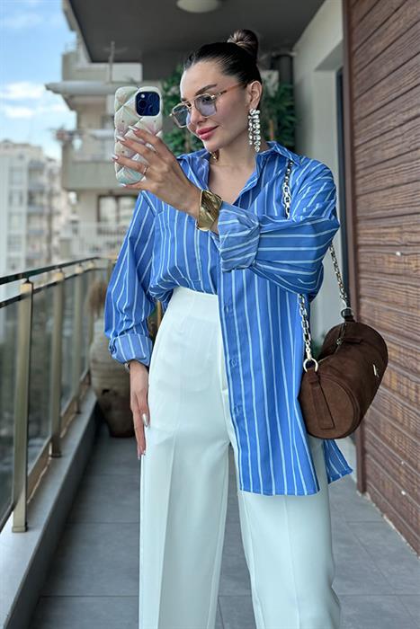 Leno Mavi Çizgili Gömlek