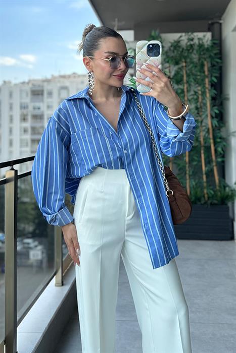 Leno Mavi Çizgili Gömlek