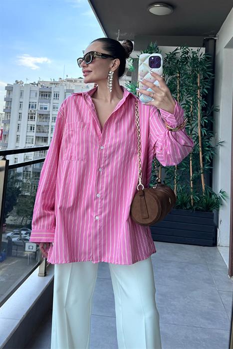 Leno Pembe Çizgili Gömlek