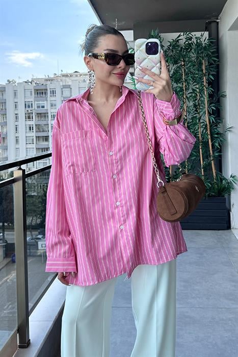 Leno Pembe Çizgili Gömlek