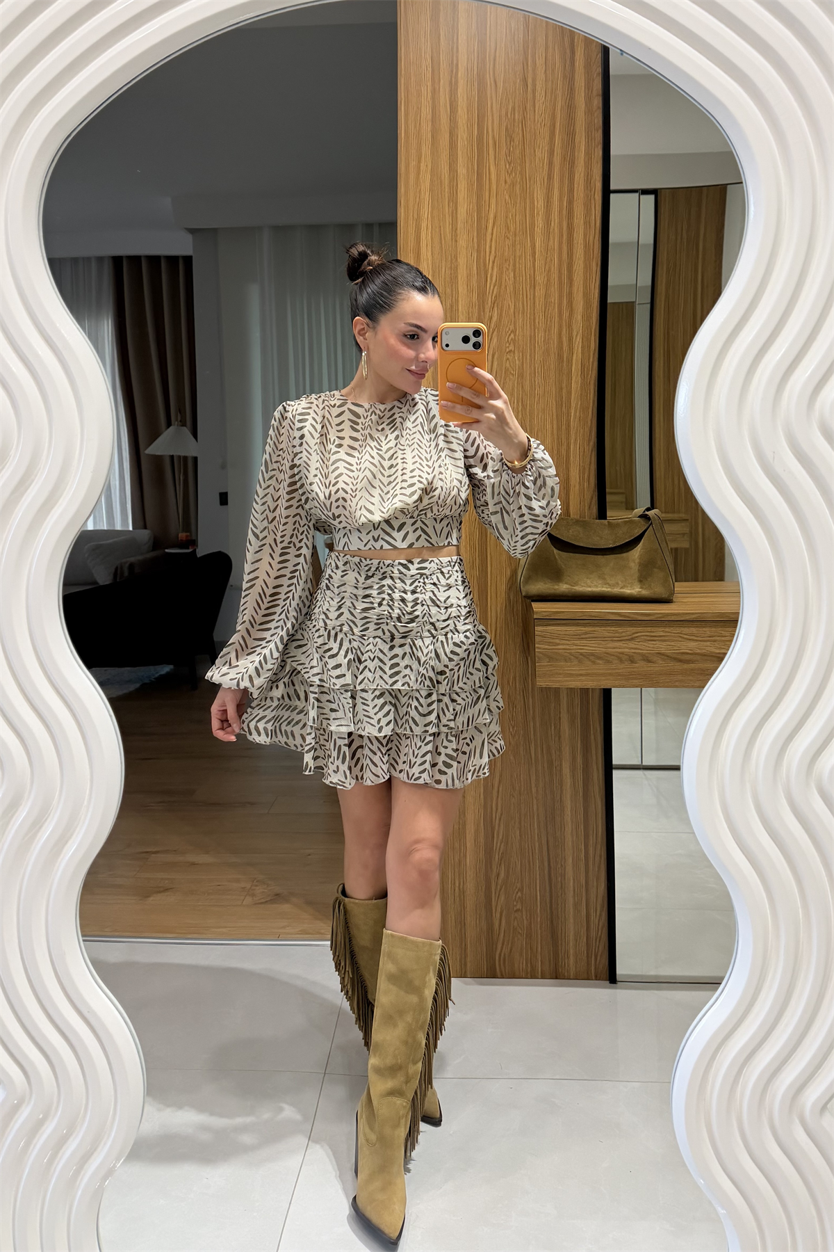 Lenox Haki Fırfırlı Şifon Şort Etek