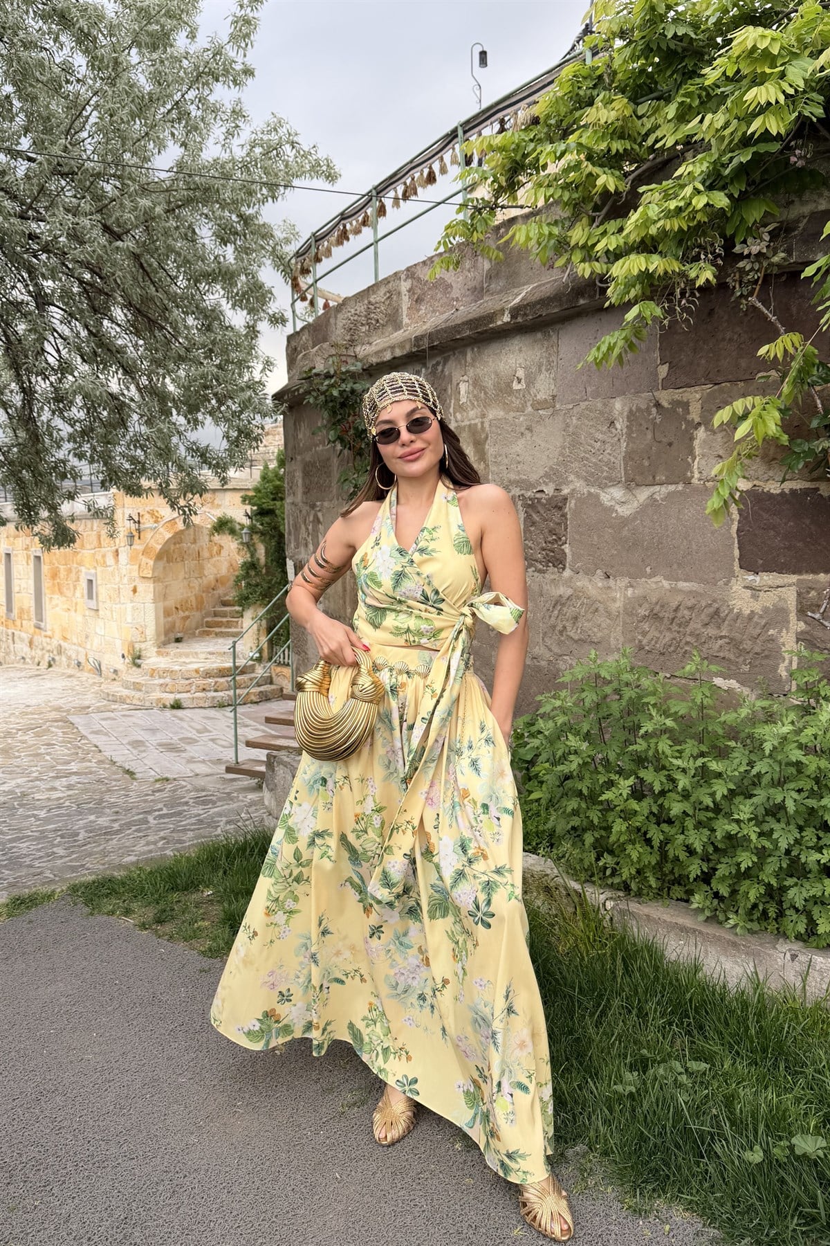 Leonardo Çiçek Desen Maxi Etek Crop Takım
