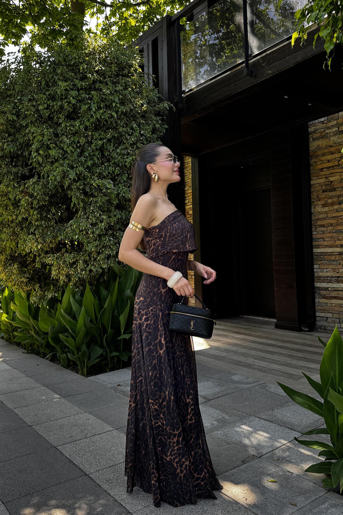 Leonora Leopar Desen Astarlı Tül Elbise 