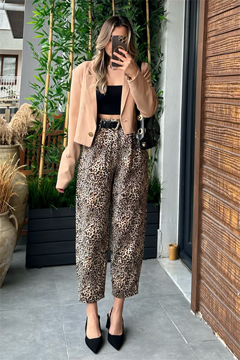 Leopar desenli slouchy pantolon
