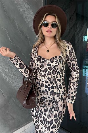 Leopar elmas yaka kalem elbise