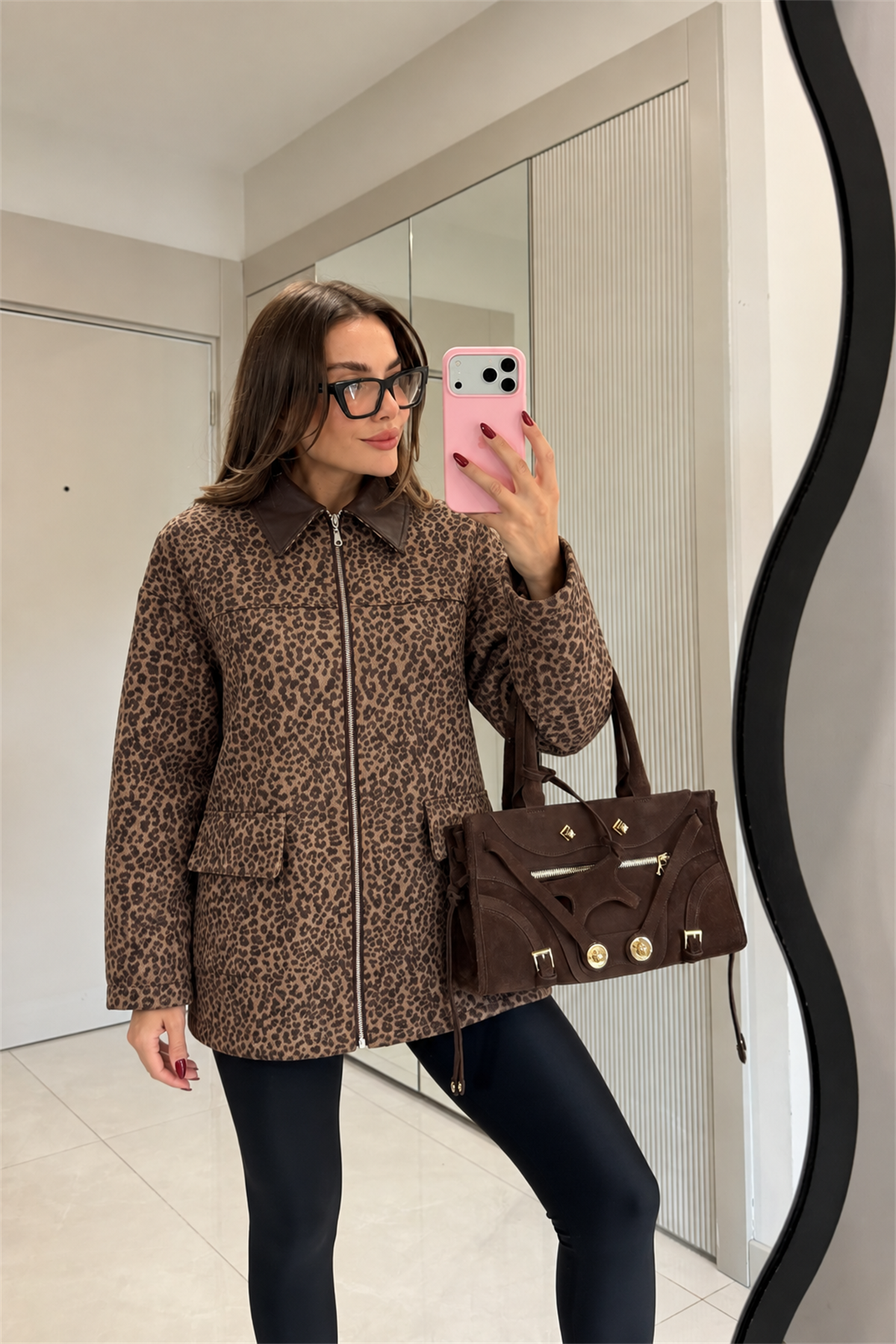 Leoparde Leopar Desenli Deri Yaka Ceket