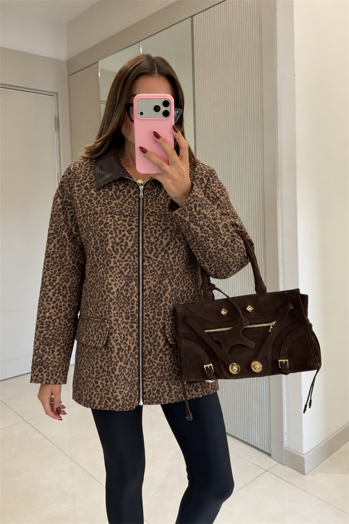 Leoparde Leopar Desenli Deri Yaka Ceket