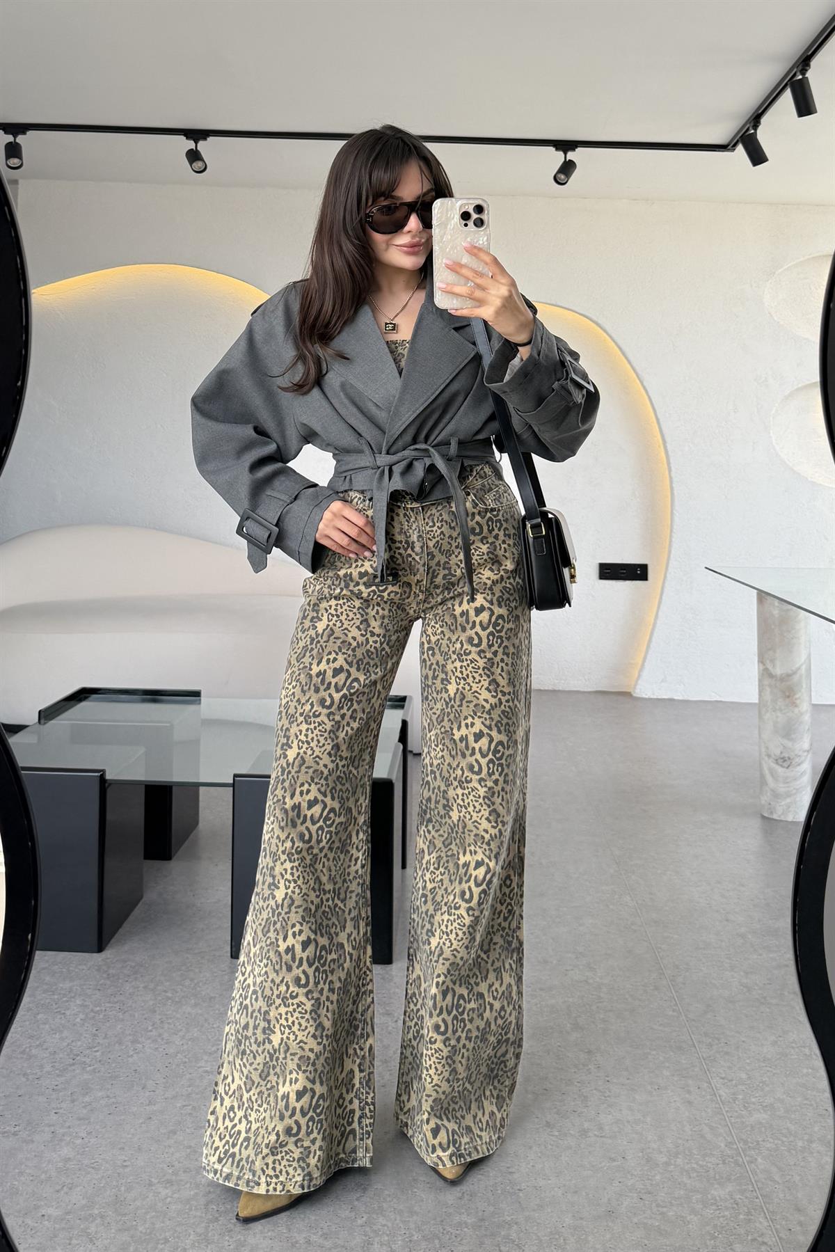 Leoras Denim Leopar Desen Pantolon