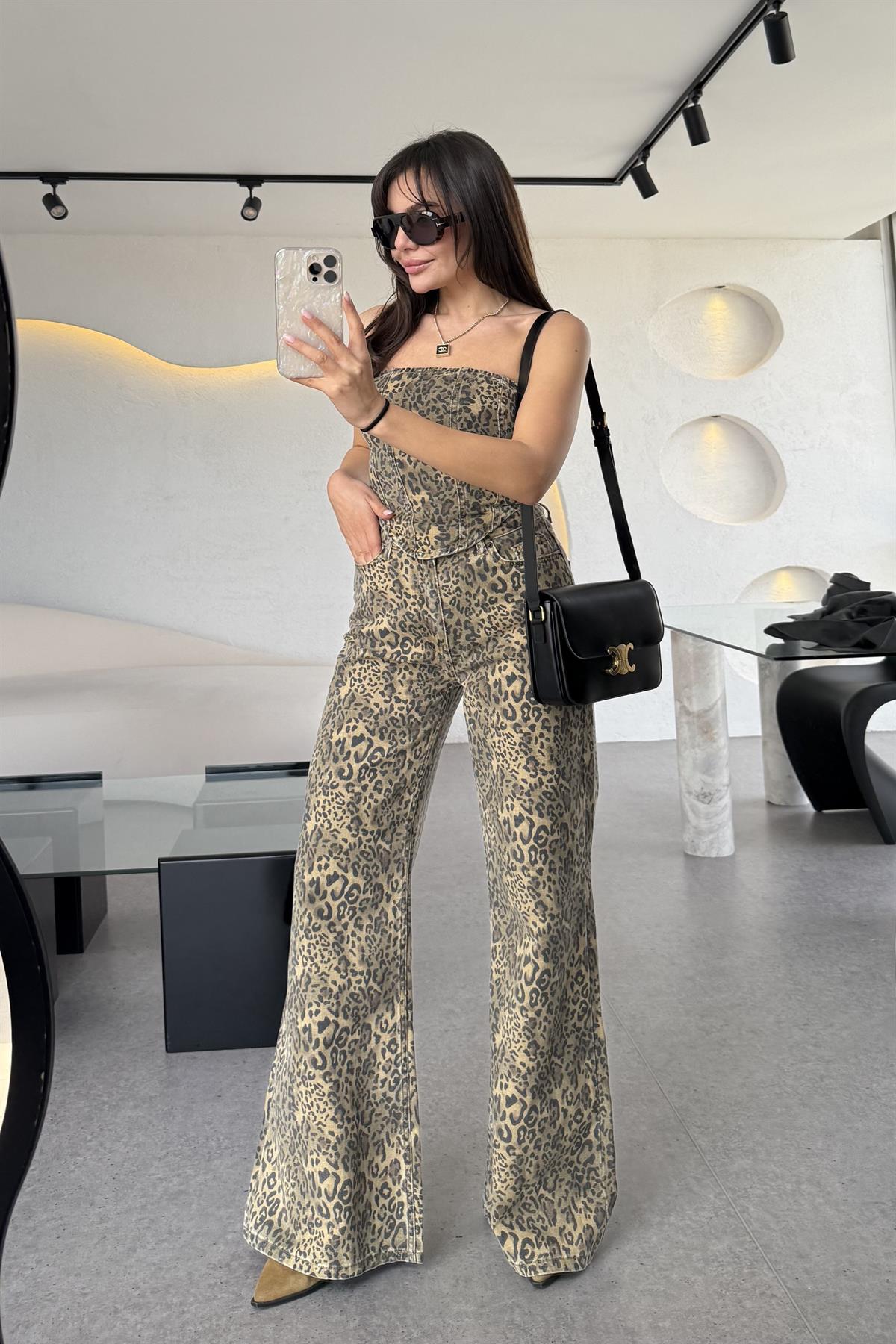 Leoras Denim Leopar Desen Pantolon