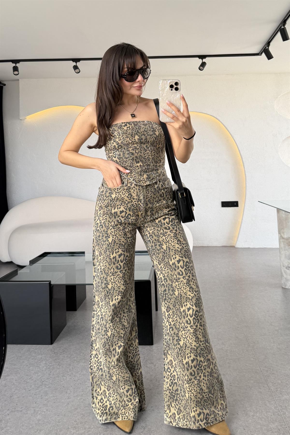 Leoras Denim Leopar Desen Straplez Crop