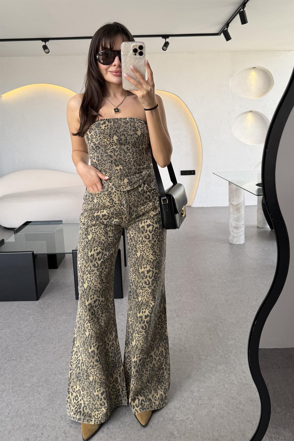 Leoras Denim Leopar Desen Straplez Crop