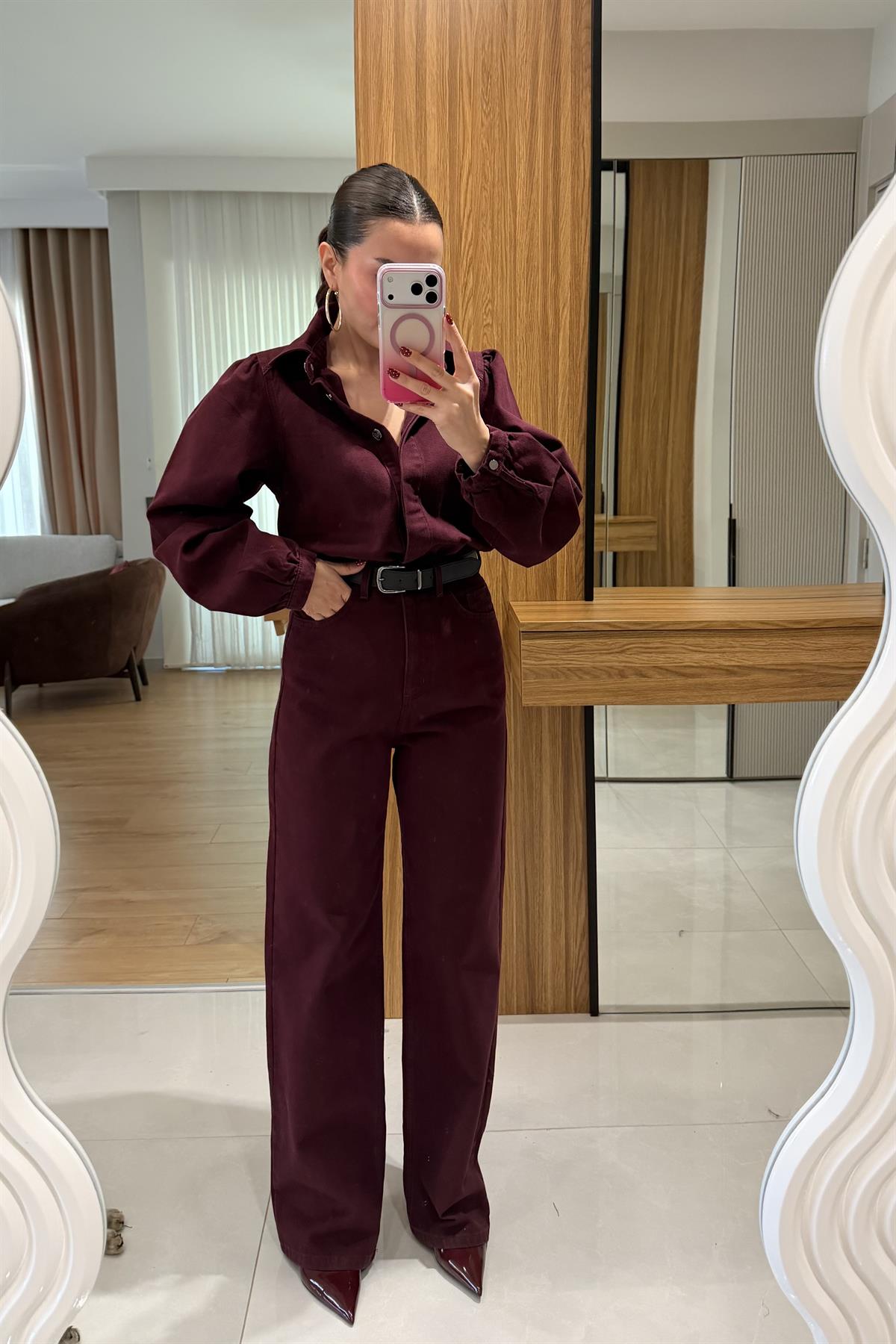 Lermai Bordo Denim Kemerli Tulum