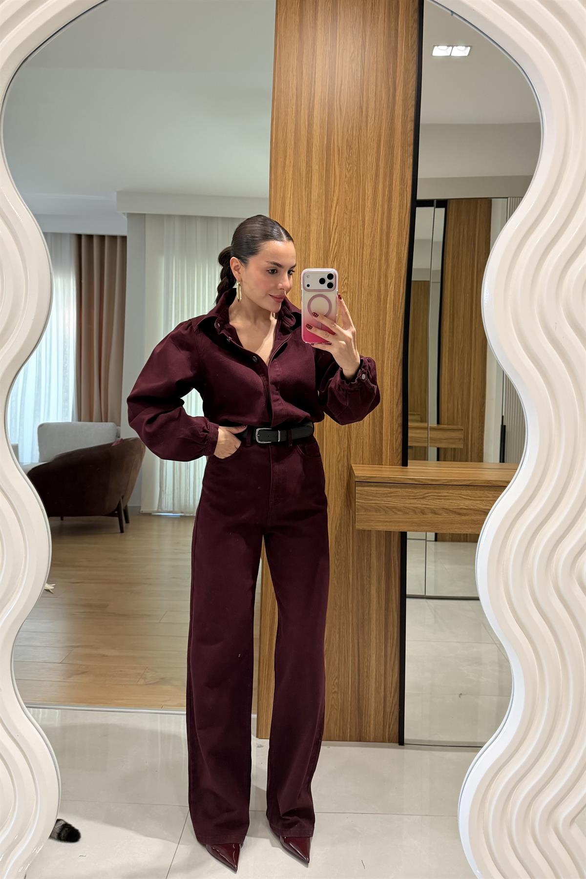 Lermai Bordo Denim Kemerli Tulum