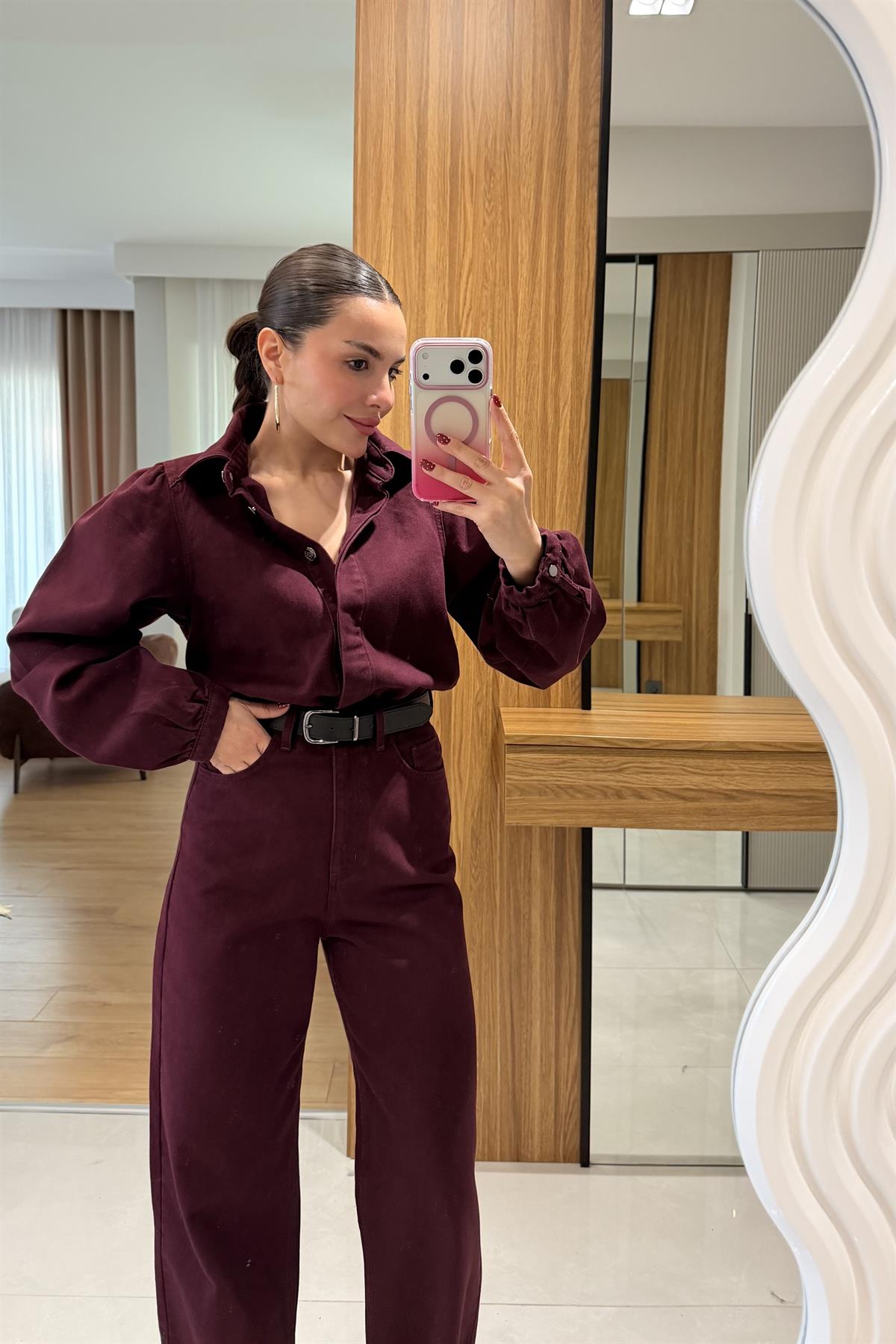 Lermai Bordo Denim Kemerli Tulum