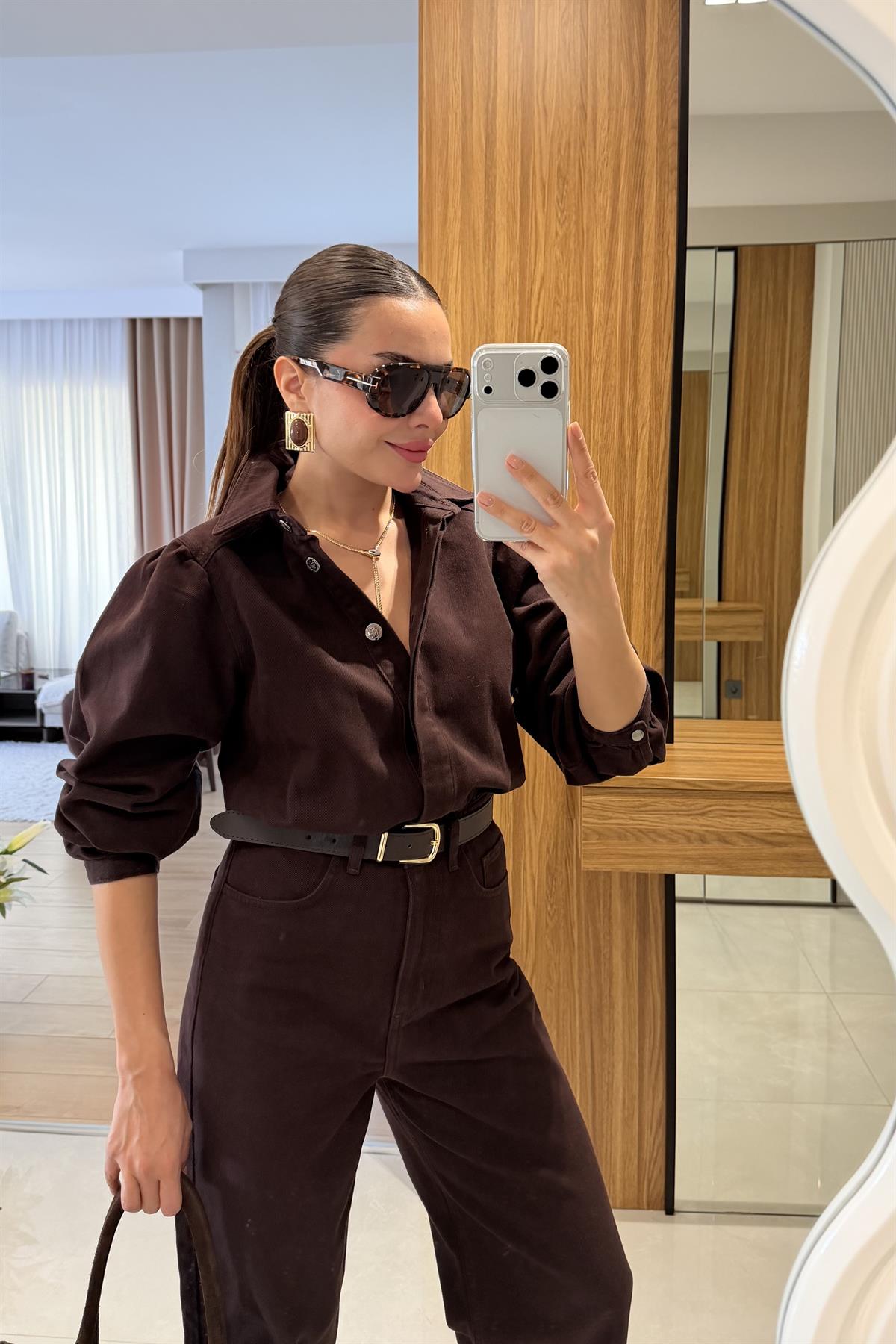 Lermai Kahve Denim Kemerli Tulum