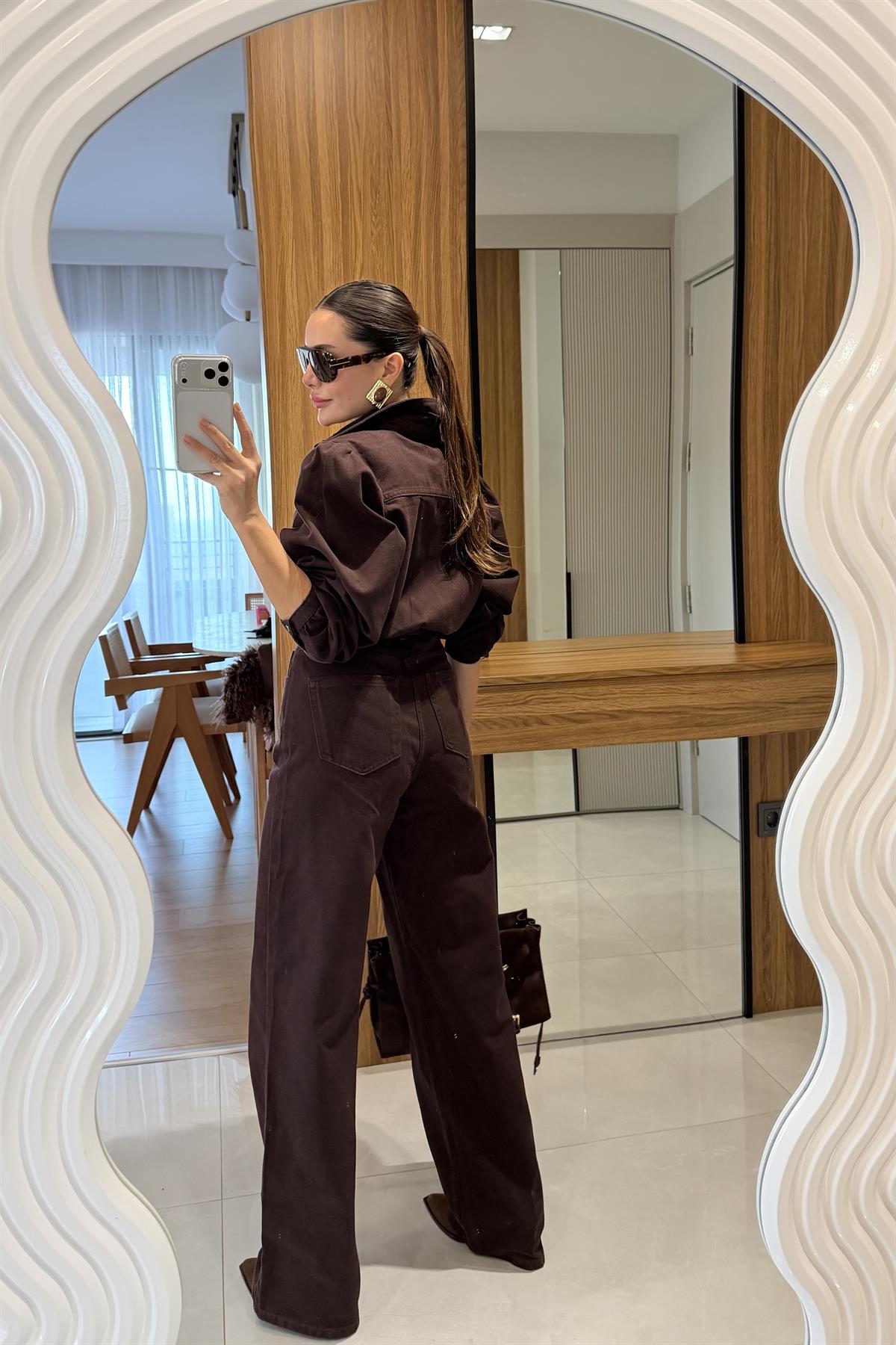 Lermai Kahve Denim Kemerli Tulum