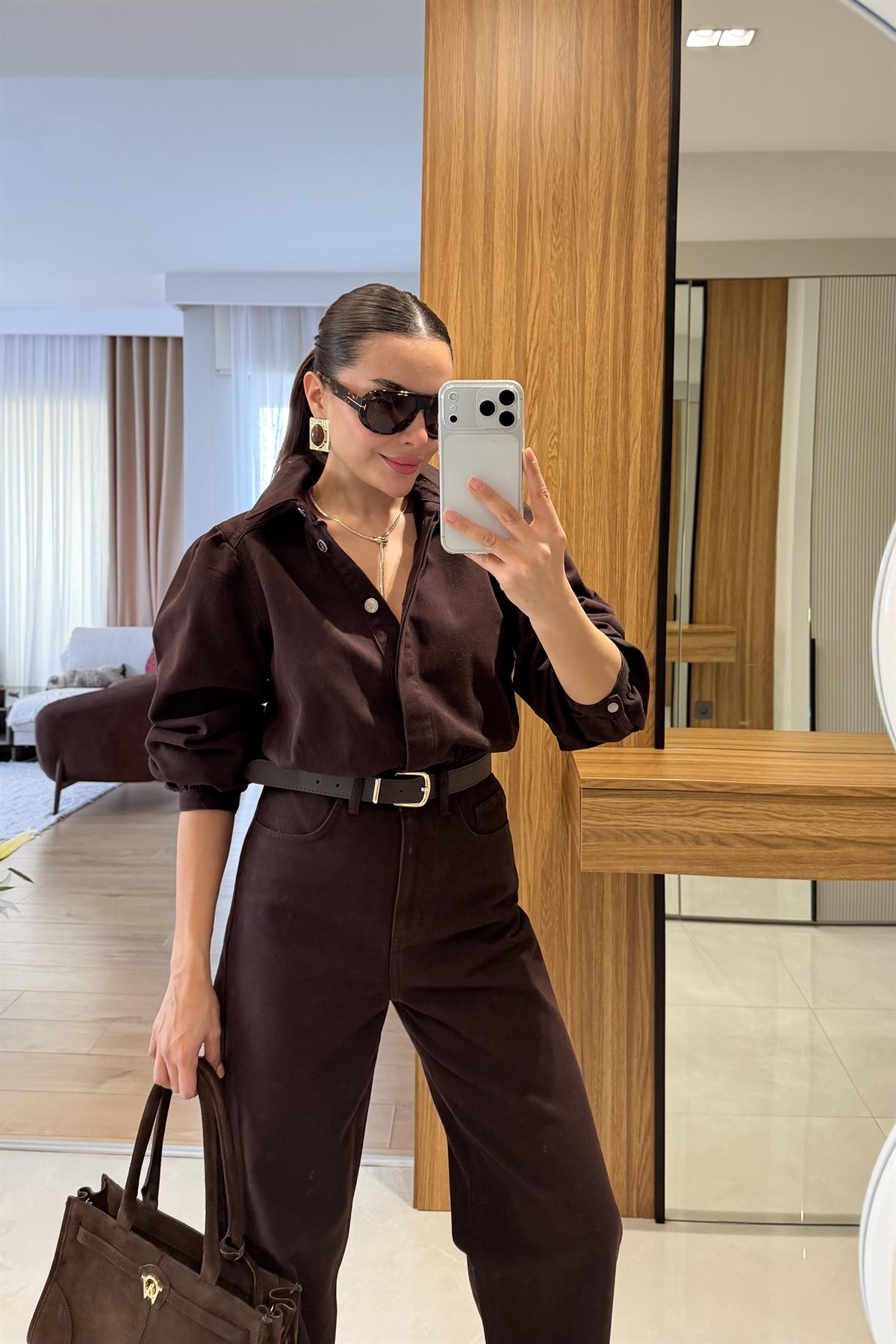 Lermai Kahve Denim Kemerli Tulum