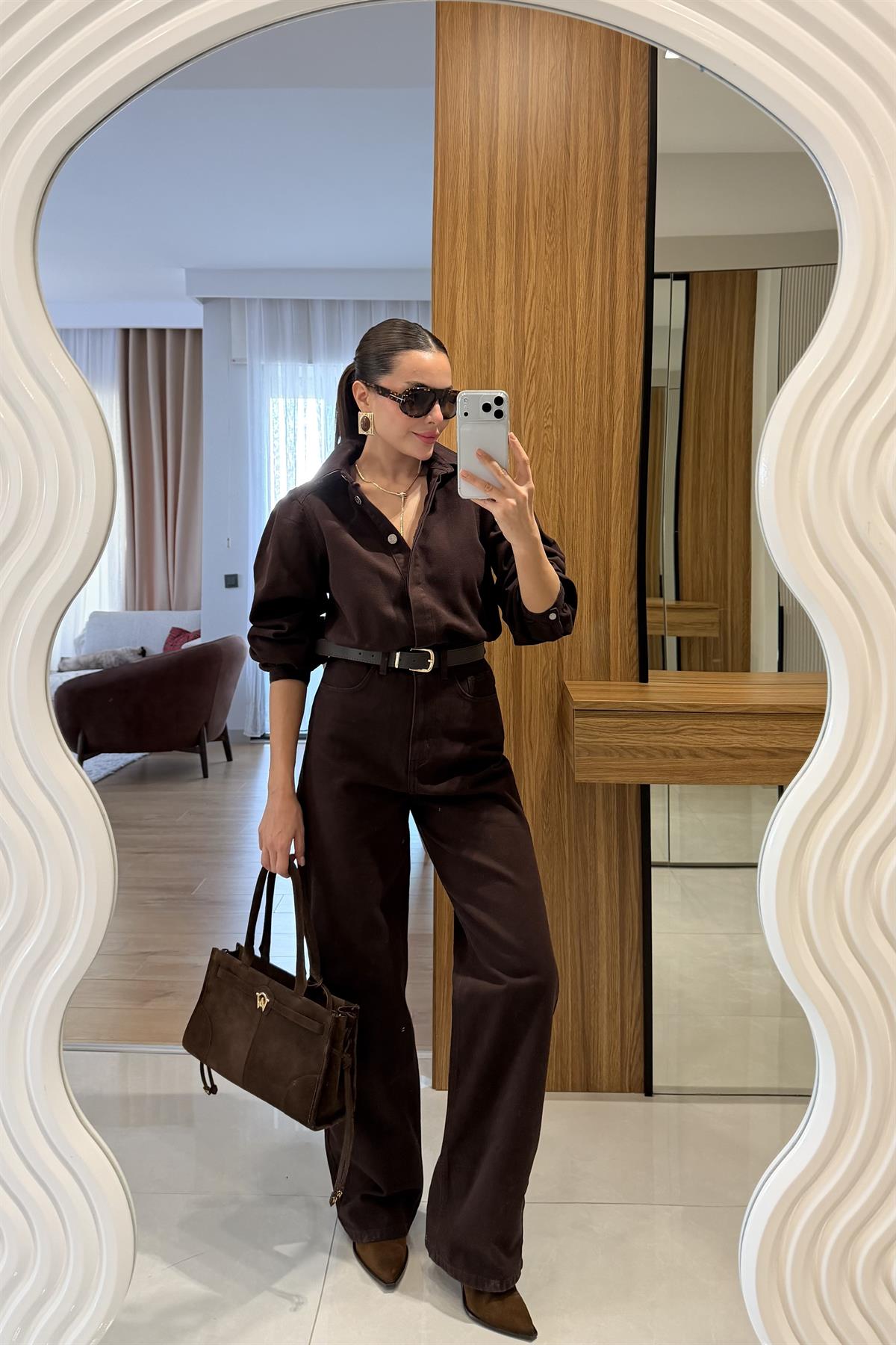 Lermai Kahve Denim Kemerli Tulum