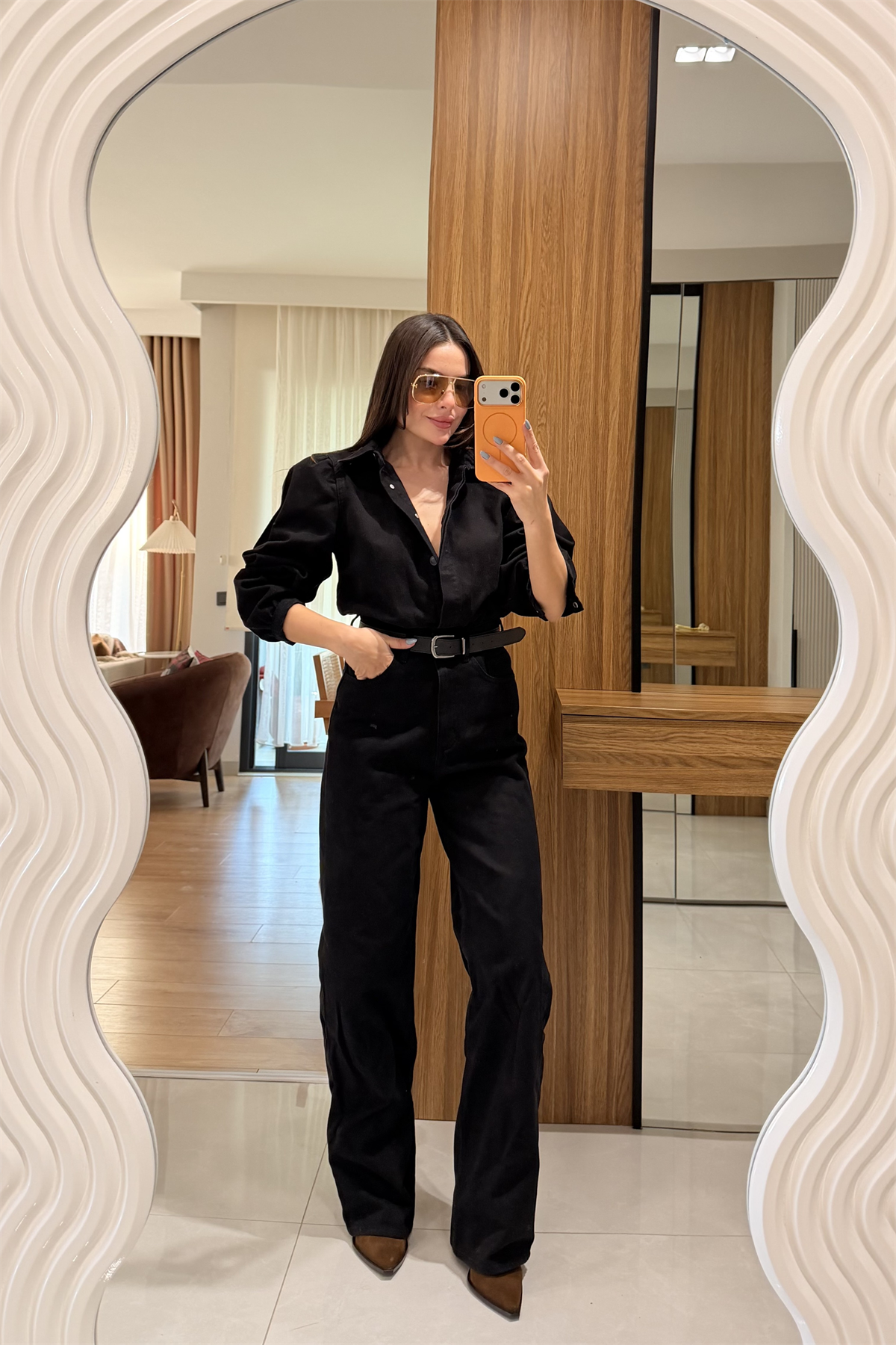Lermai Siyah Denim Kemerli Tulum