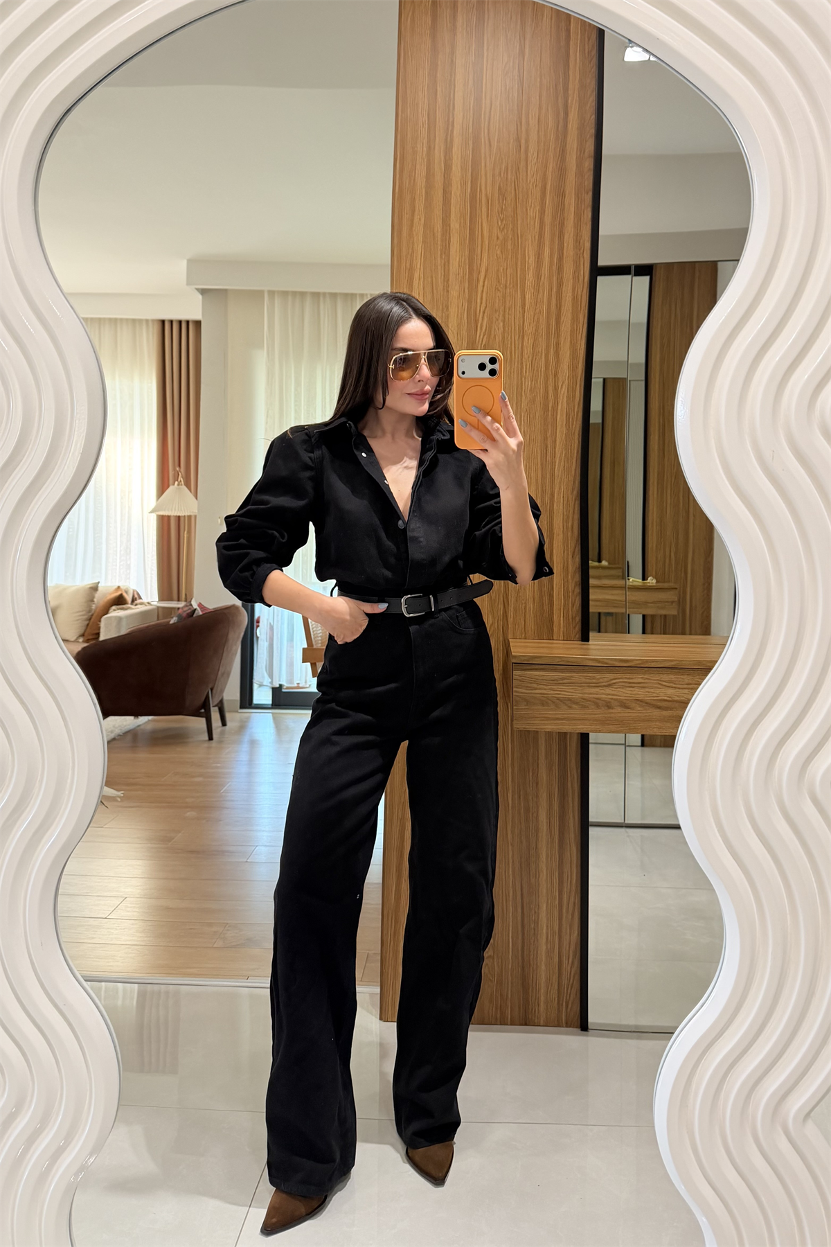 Lermai Siyah Denim Kemerli Tulum