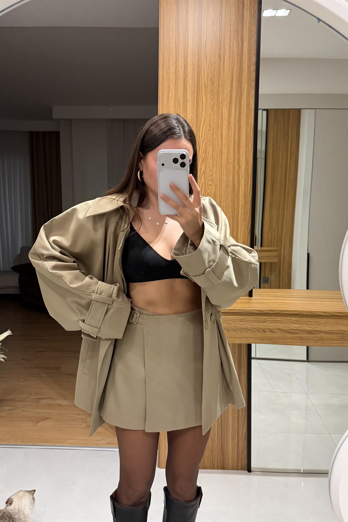 Lesha Haki Premium Şort Etekli Trenç Takım