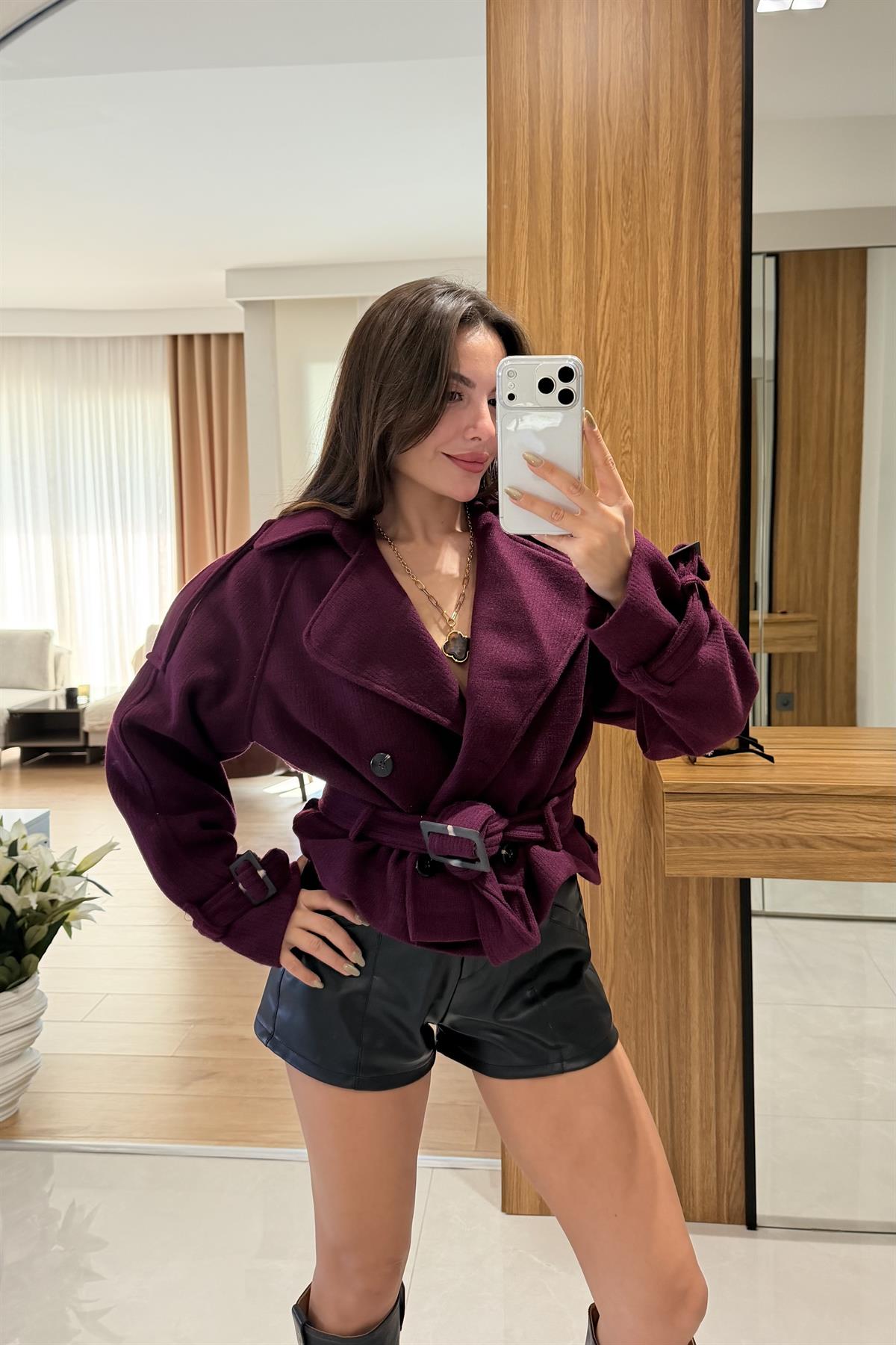 Lesley Mürdüm Mini Kaşe Trenç