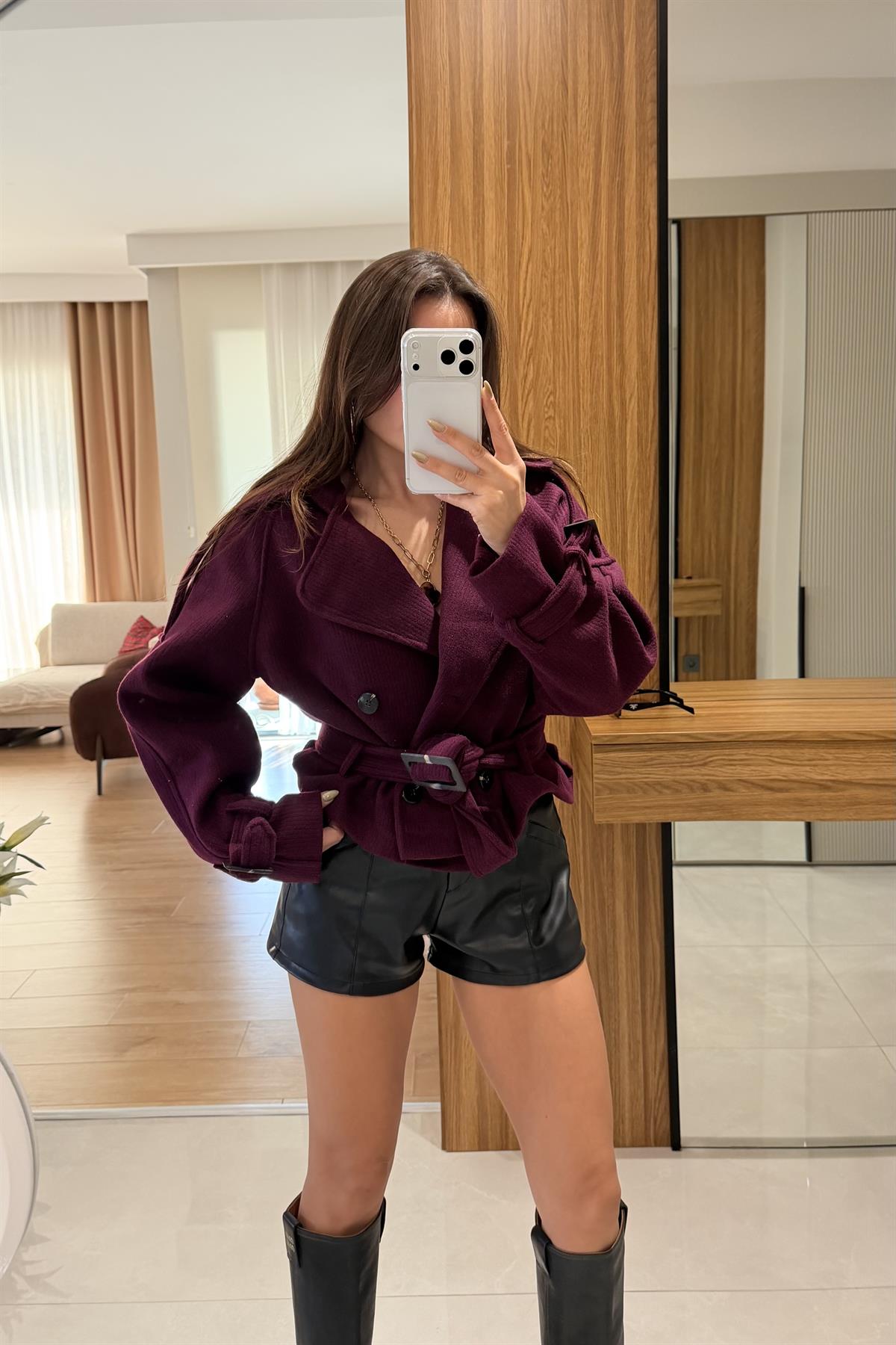 Lesley Mürdüm Mini Kaşe Trenç