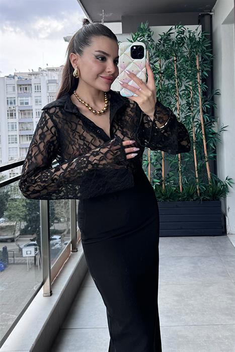 Lesli İspanyol Kol Dantel Gömlek - Siyah