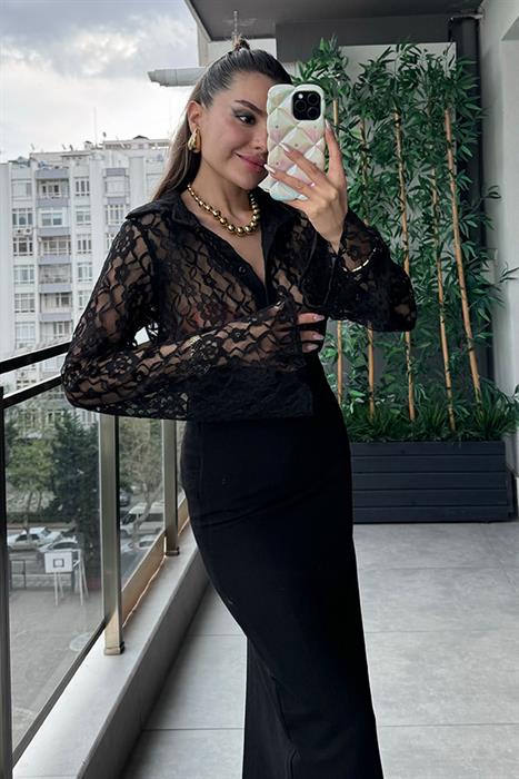 Lesli İspanyol Kol Dantel Gömlek - Siyah