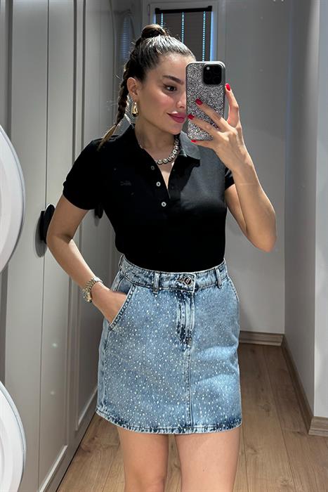 Leson Taşlı Kot Etek