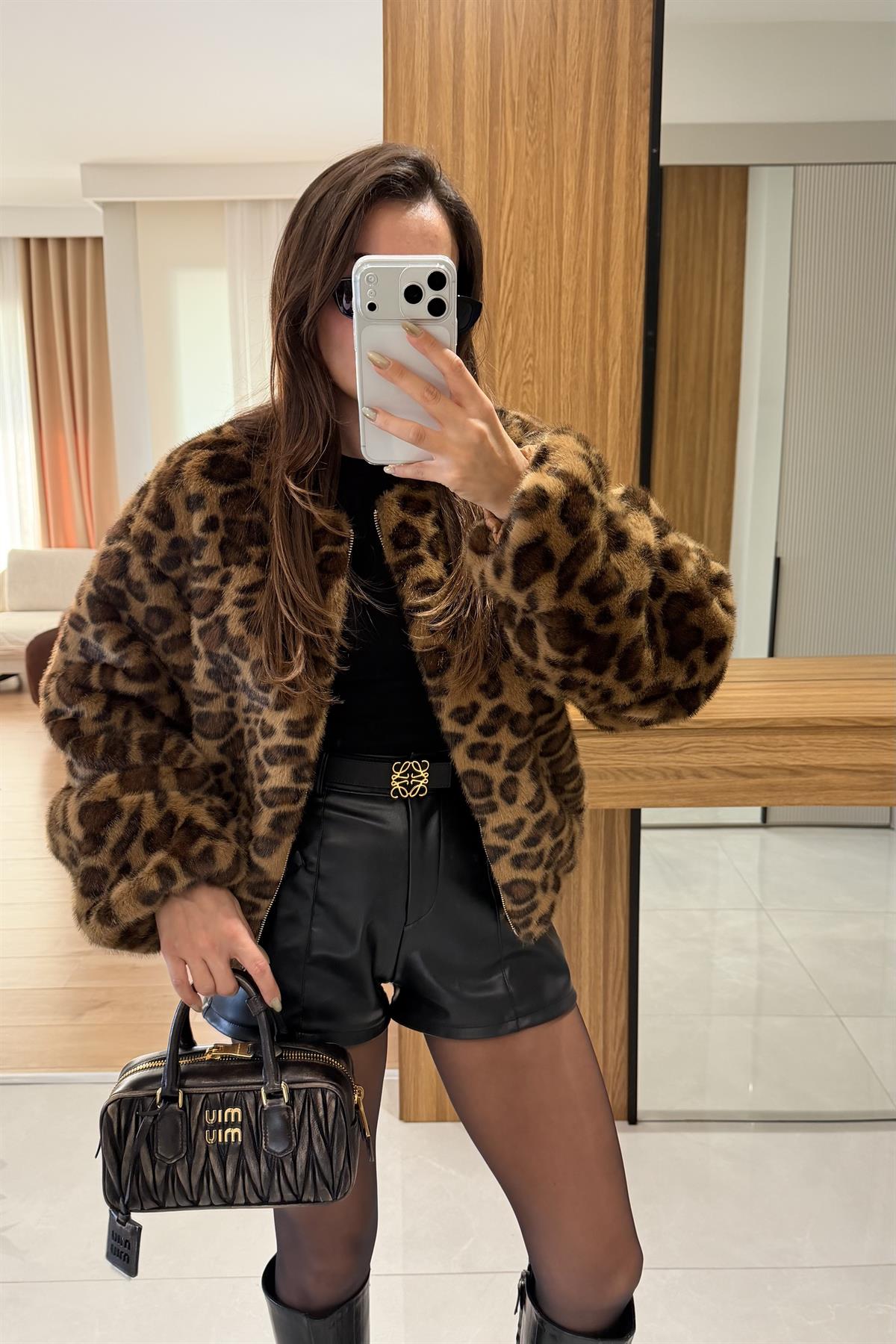 Lessa Camel Leopar Desen Kürk