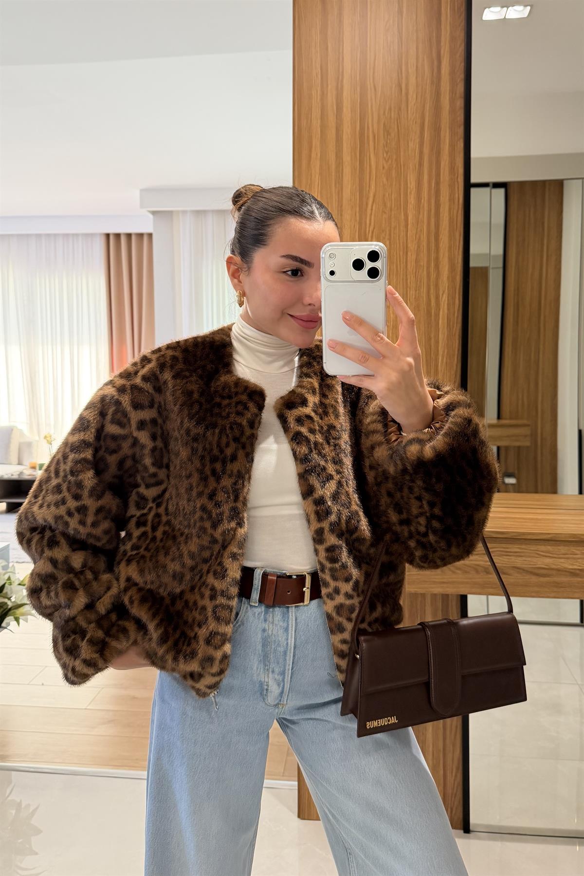 Lessa Siyah Leopar Desen Kürk
