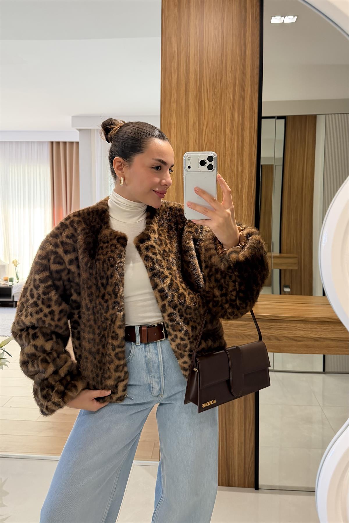 Lessa Siyah Leopar Desen Kürk