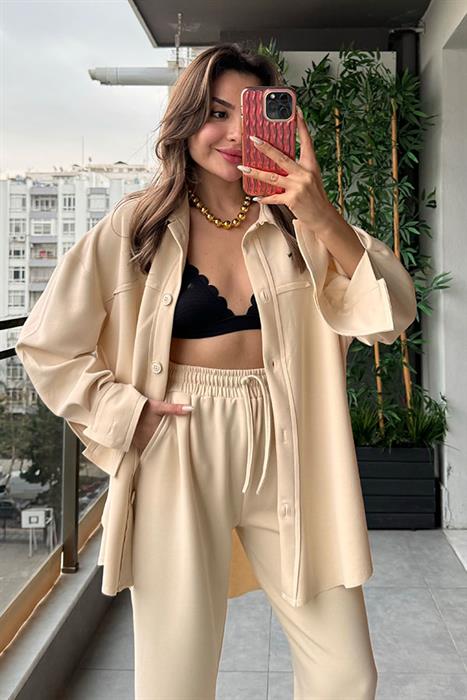 Letta Örme Gömlek Pantolon Takım - Krem