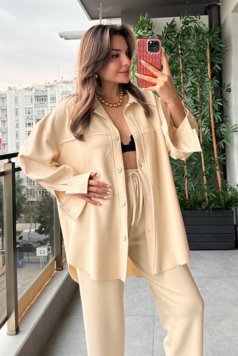 Letta Örme Gömlek Pantolon Takım - Krem