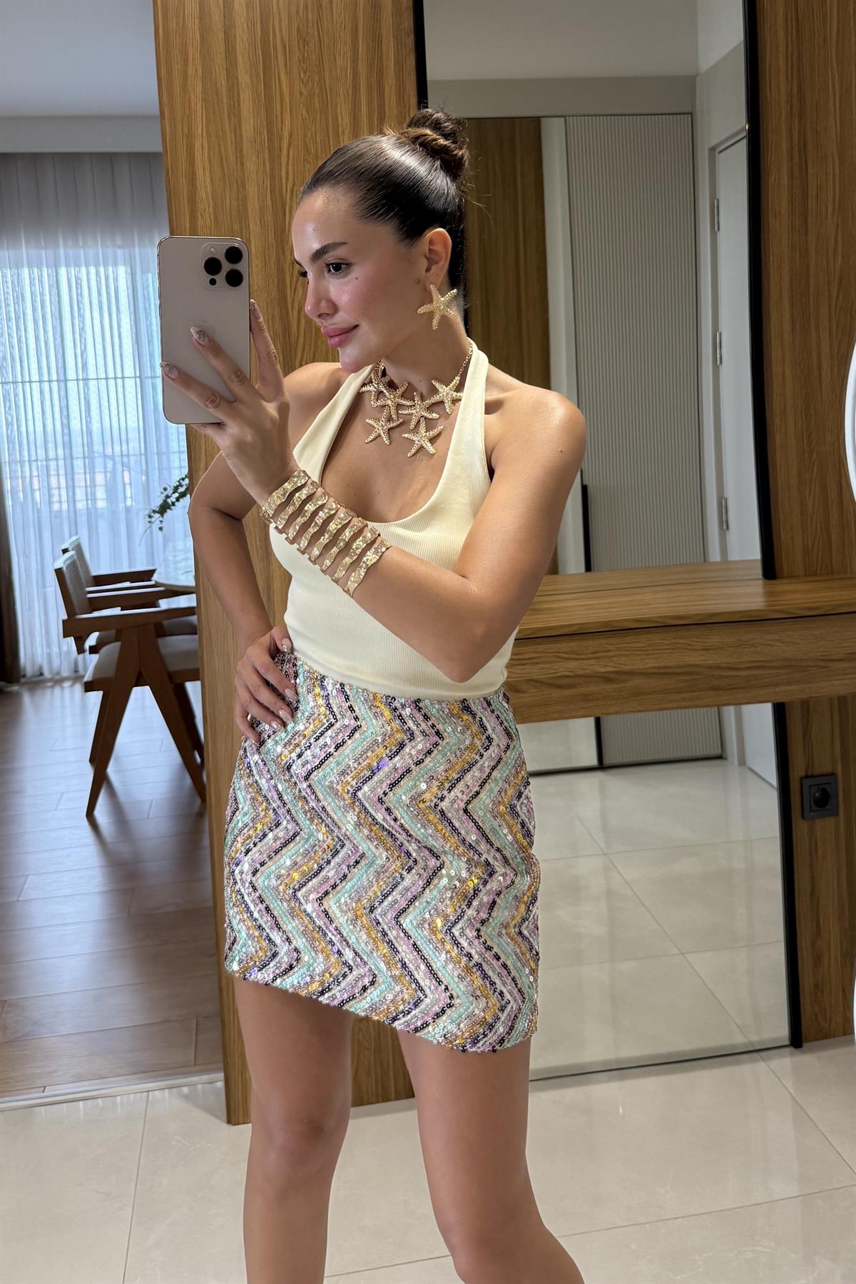 Leuven Sarı Halter Yaka Dilvin Crop