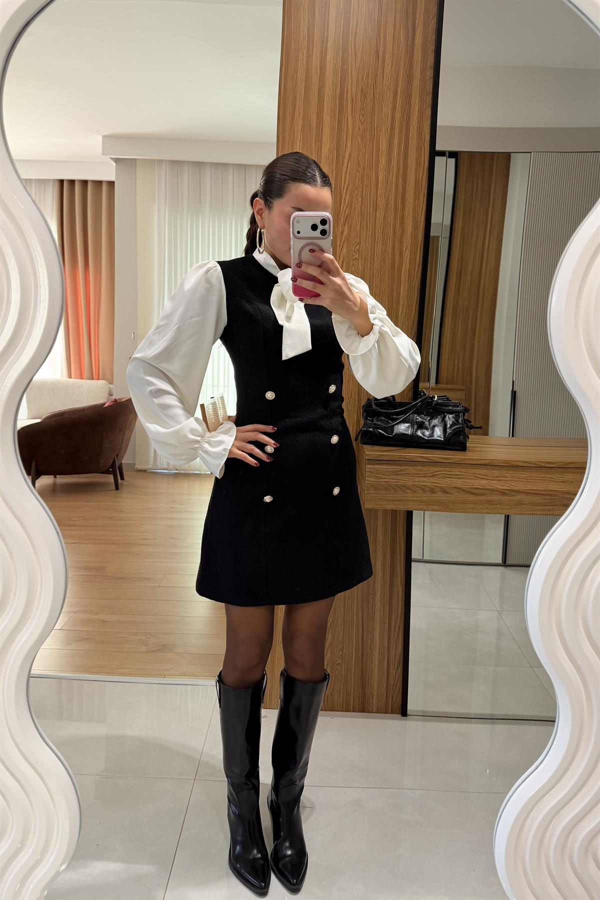 Lewjayn Siyah Fiyonklu Tüvit Romantik Elbise