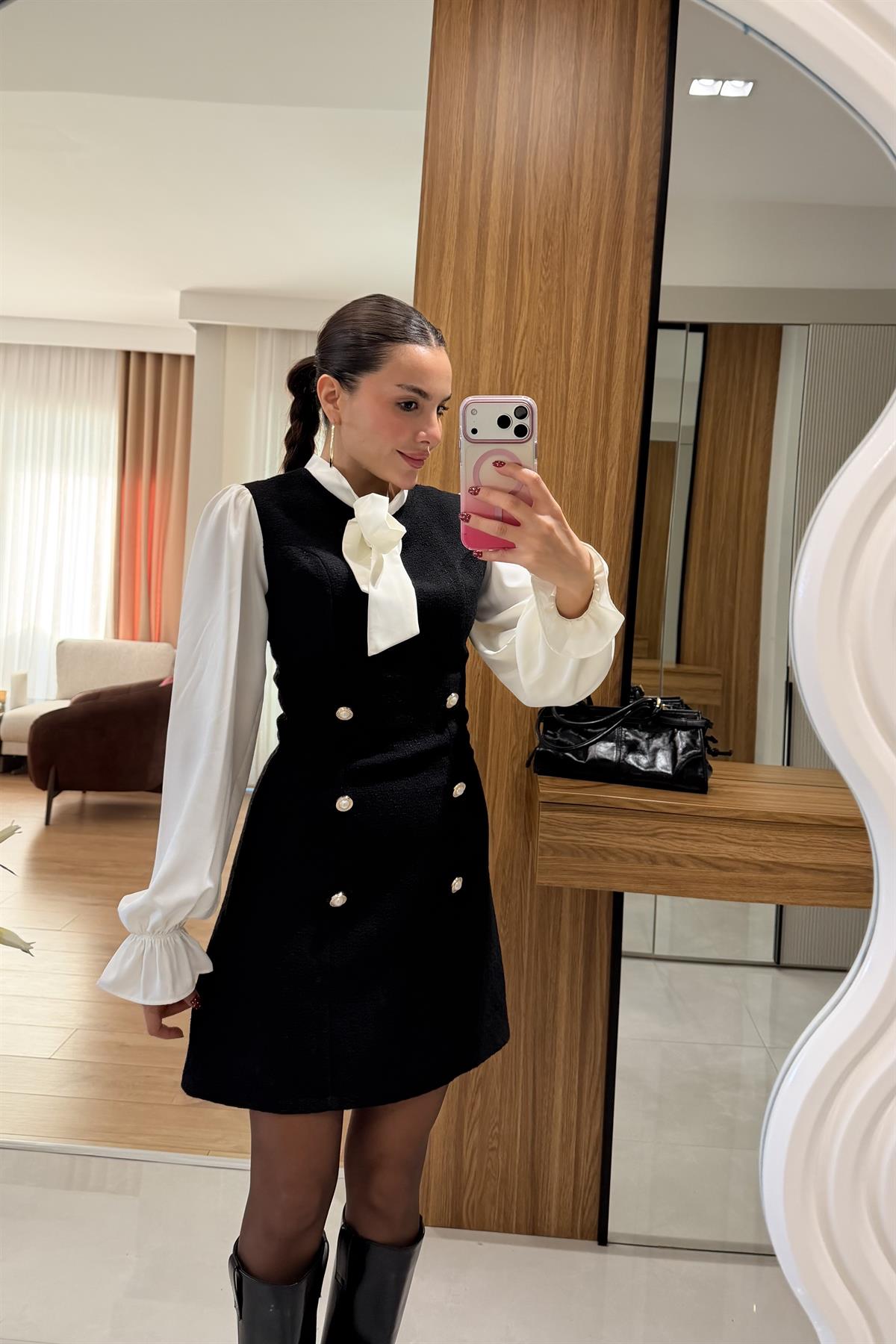 Lewjayn Siyah Fiyonklu Tüvit Romantik Elbise