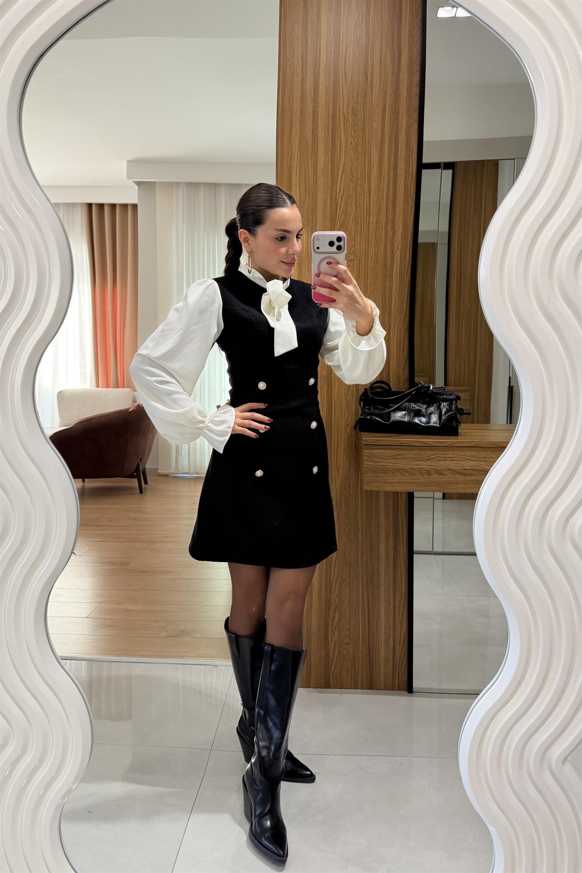 Lewjayn Siyah Fiyonklu Tüvit Romantik Elbise