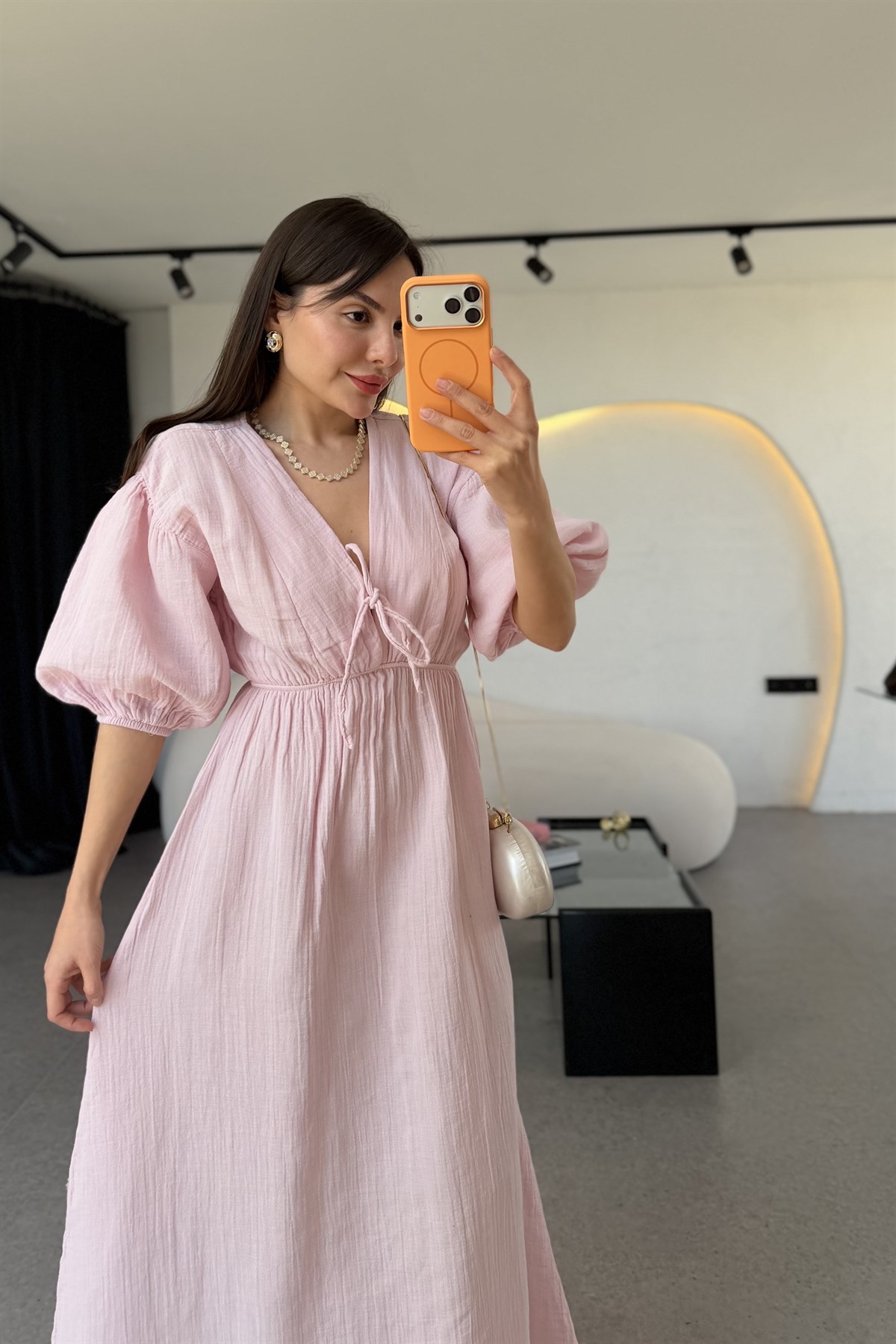 Leydia Toz Pembe Müslin Çan Elbise