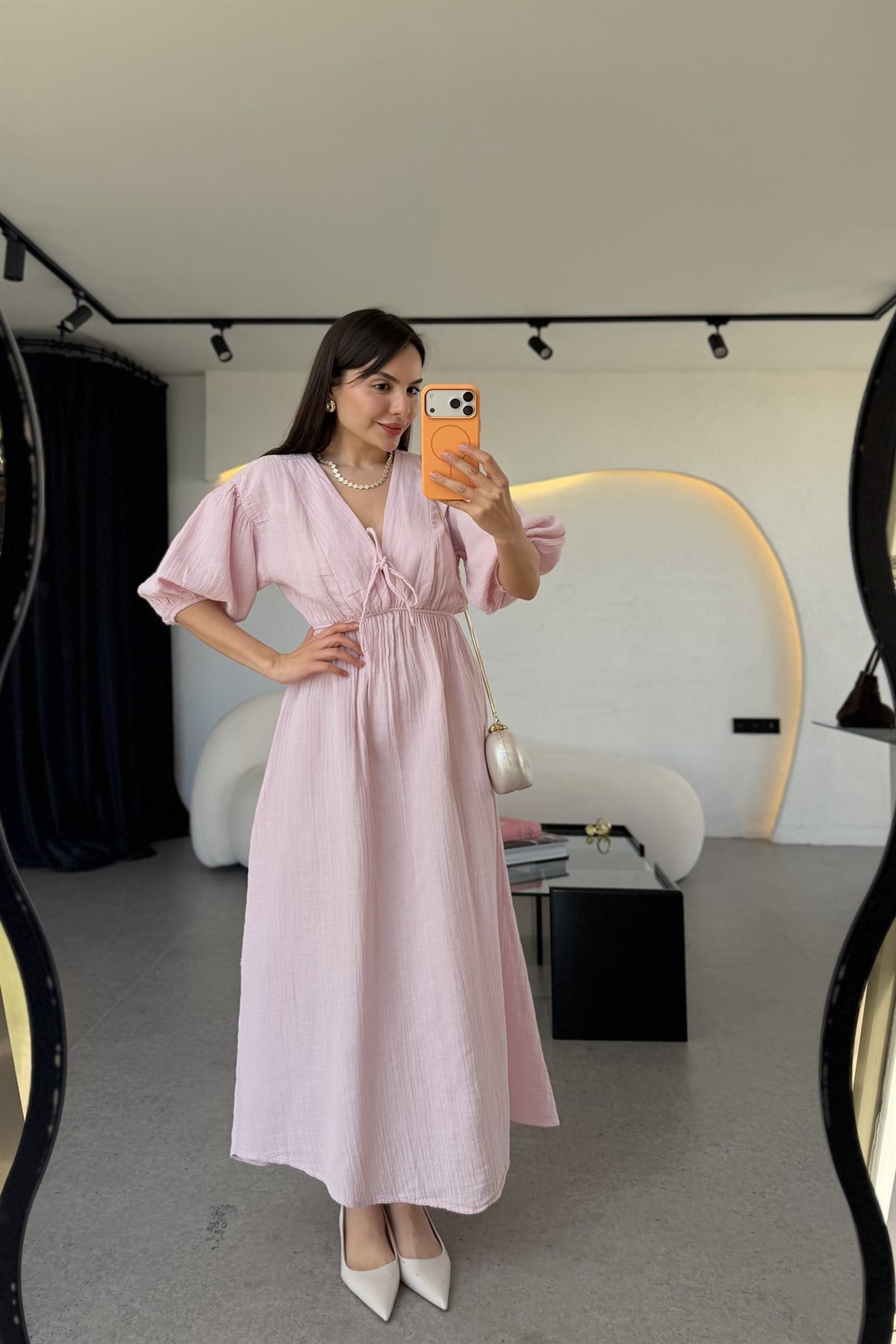 Leydia Toz Pembe Müslin Çan Elbise