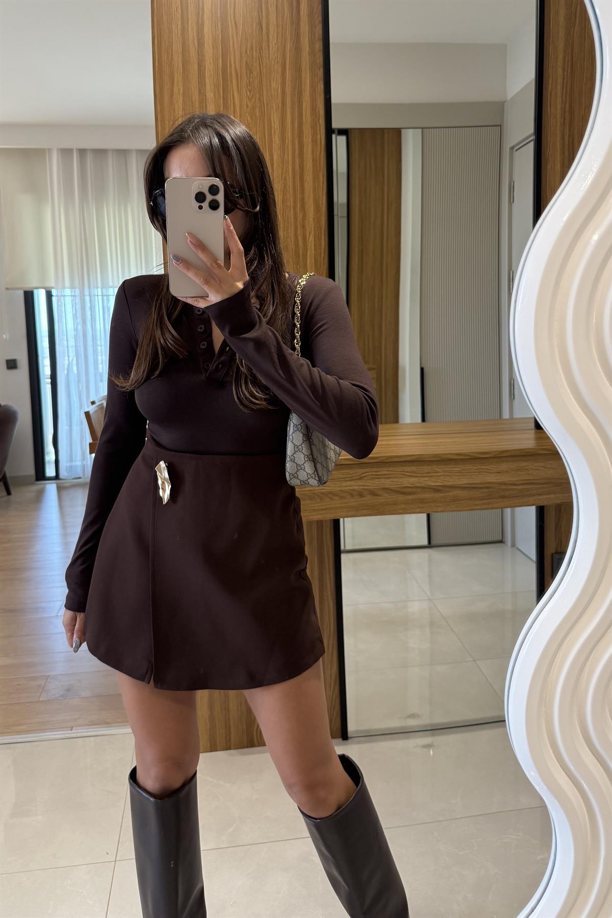 Leysa Kahve Gold Detaylı Şort Etek