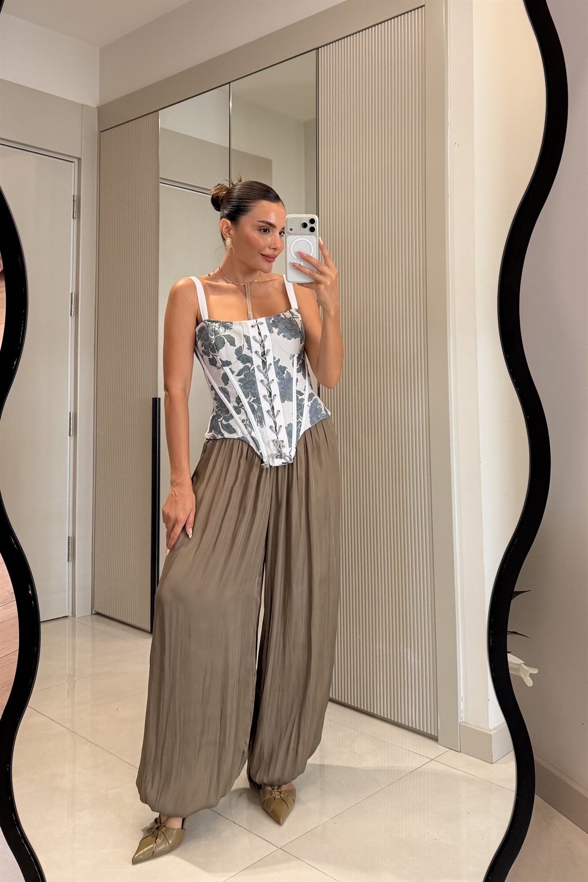 Liana Haki Saten Şalvar Pantolon