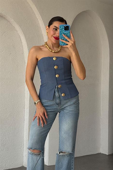 Libby Gold Düğme Detaylı Straplez Büstiyer-İndigo