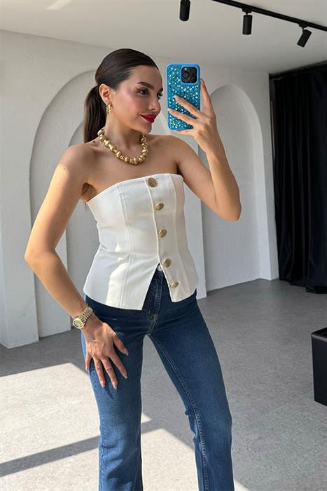 Libby Gold Düğme Detaylı Straplez Büstiyer-Beyaz 